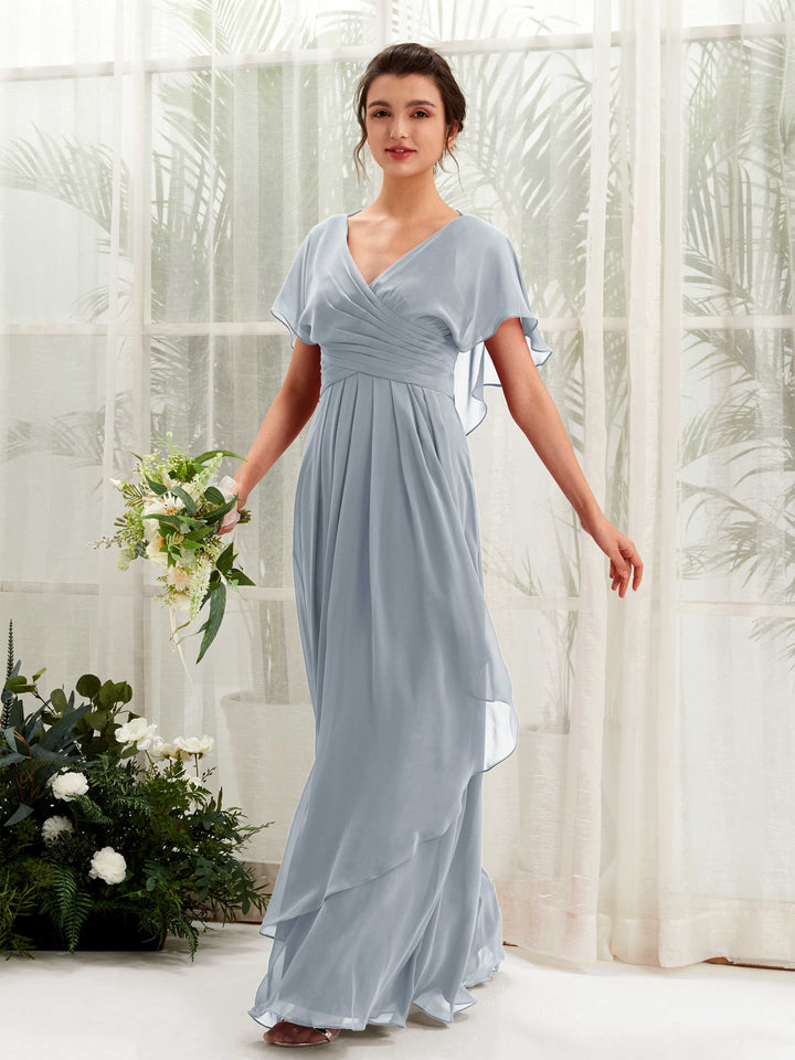 V-neck Short Sleeves Chiffon Bridesmaid Dress - Dusty Blue-Upgrade (81226104)