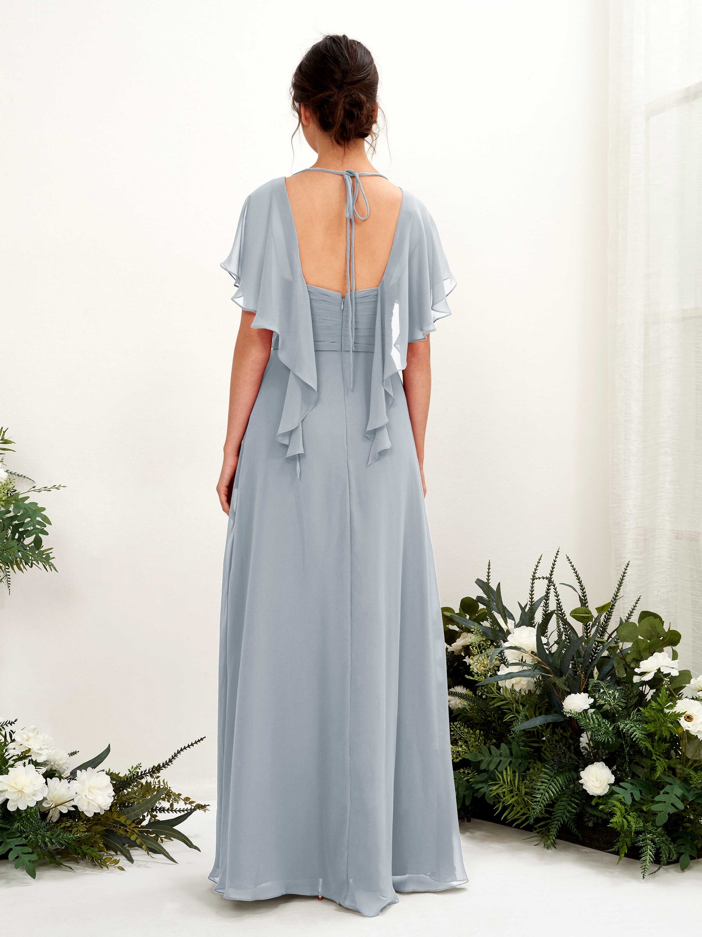 V-neck Short Sleeves Chiffon Bridesmaid Dress - Dusty Blue-Upgrade (81226104)#color_dusty-blue-upgrade