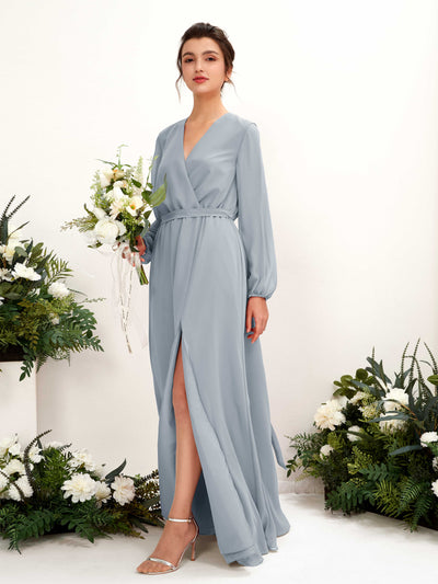 Carlyna Elsie A-Line Dusty Blue-Upgrade Bridesmaid Dress Maxi Long Sleeve V-Neck Front View #color_dusty-blue-upgrade