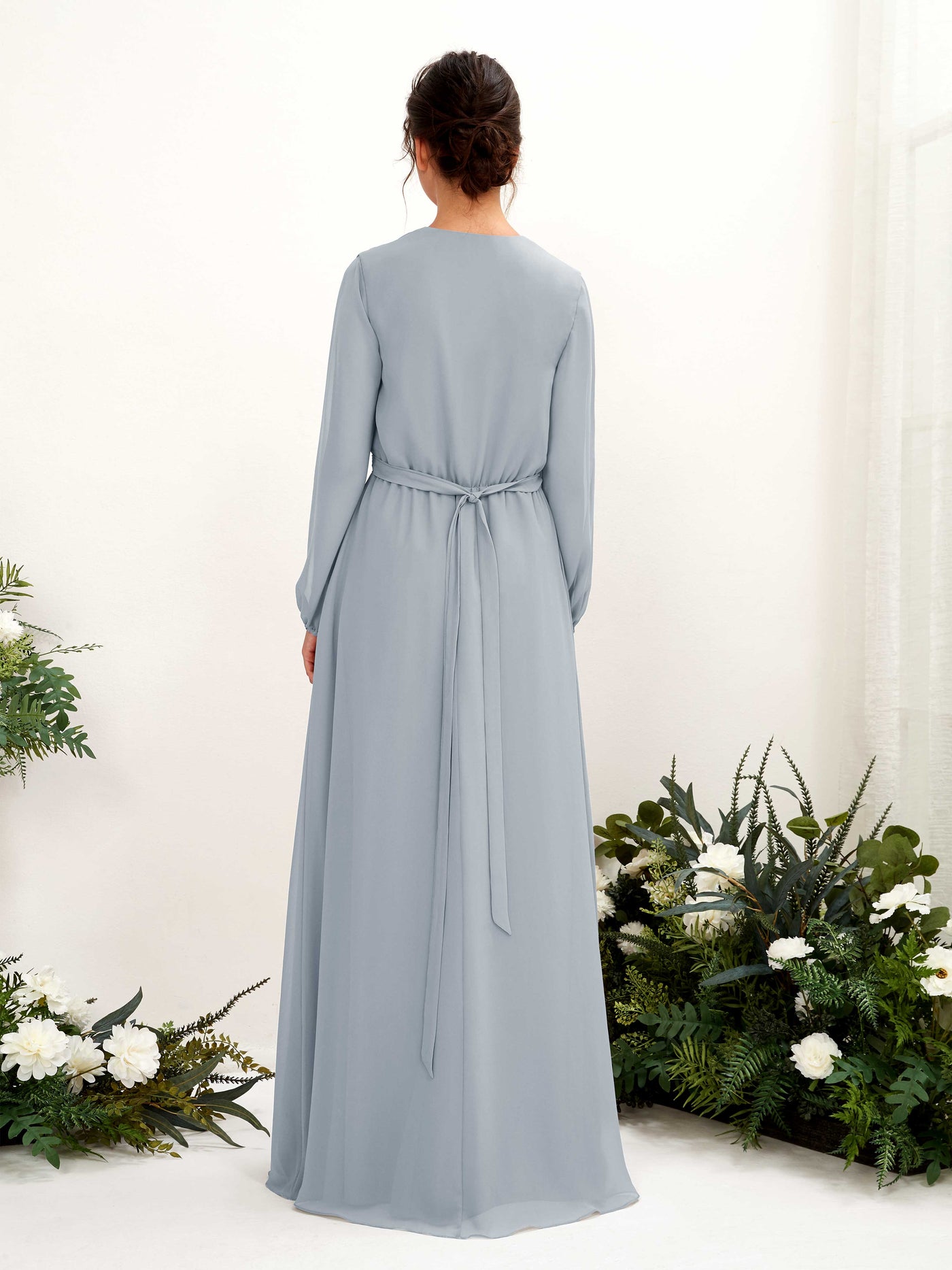 V-neck Long Sleeves Chiffon Bridesmaid Dress - Dusty Blue-Upgrade (81223204)#color_dusty-blue-upgrade