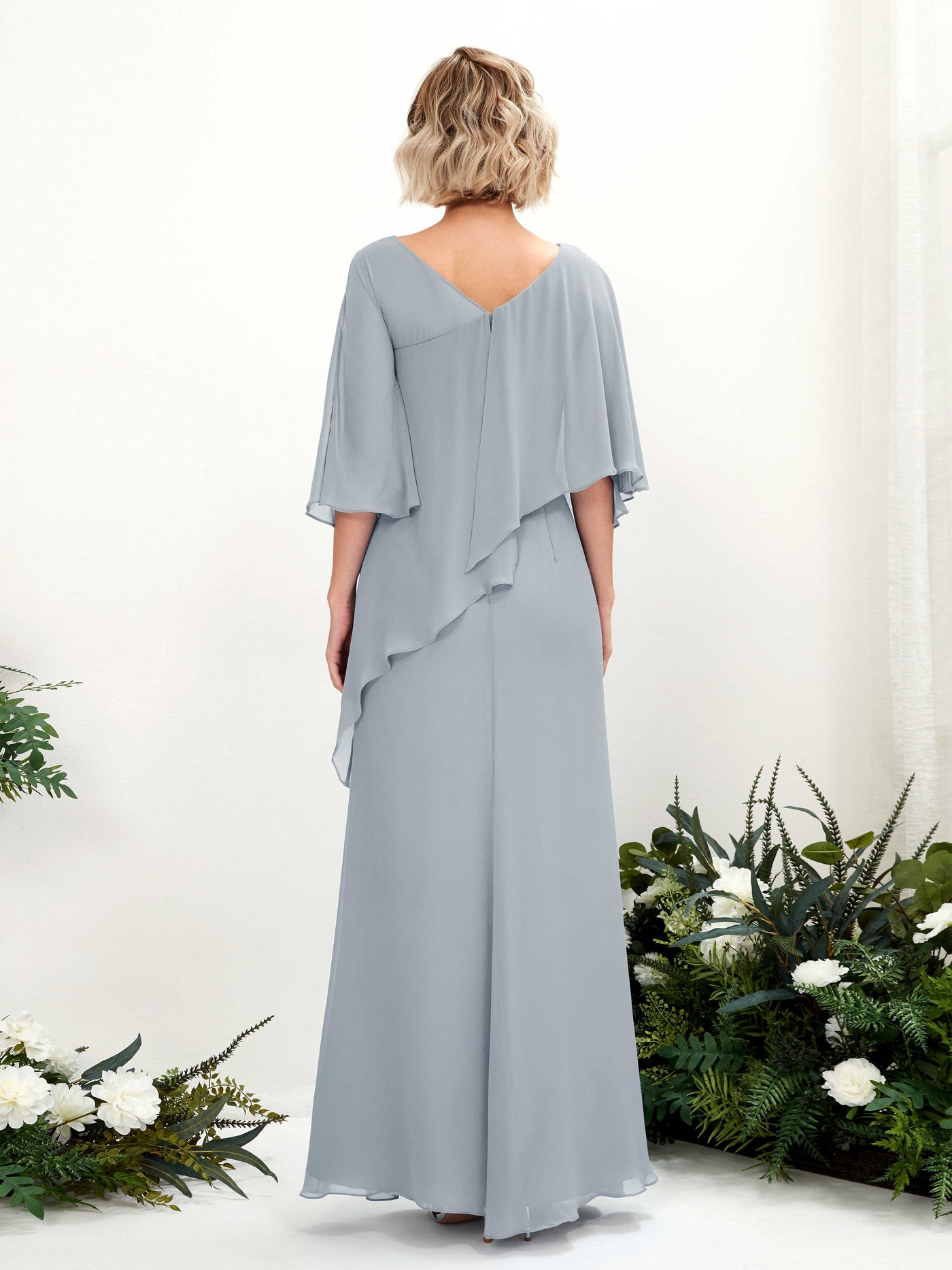 V-neck 3/4 Sleeves Chiffon Bridesmaid Dress - Dusty Blue-Upgrade (81222504)#color_dusty-blue-upgrade