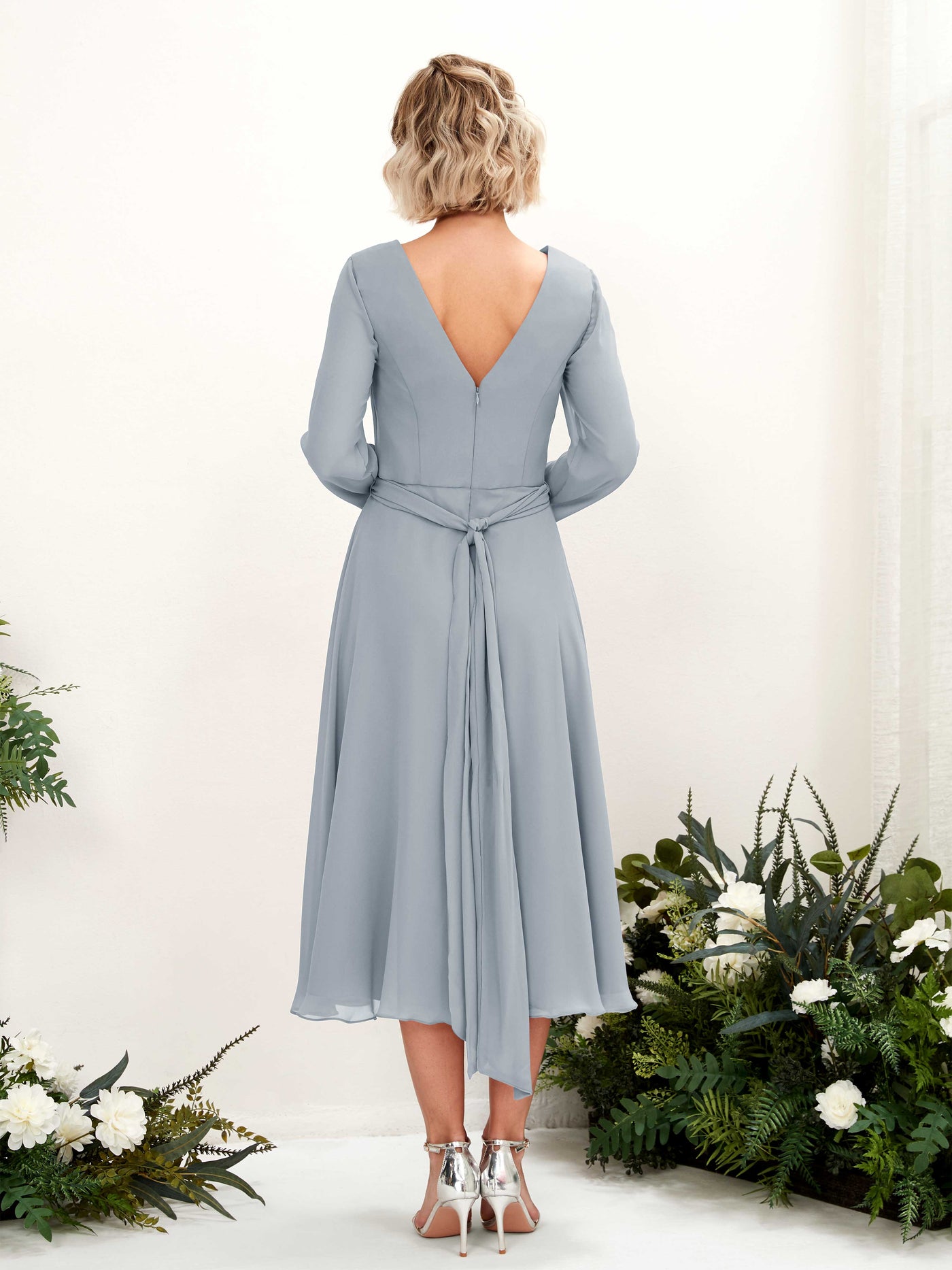V-neck Long Sleeves Chiffon Bridesmaid Dress - Dusty Blue-Upgrade (81223304)#color_dusty-blue-upgrade
