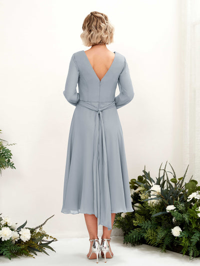Carlyna Joanna A-Line Dusty Blue-Upgrade Bridesmaid Dress Midi Long Sleeve V-Neck  #color_dusty-blue-upgrade
