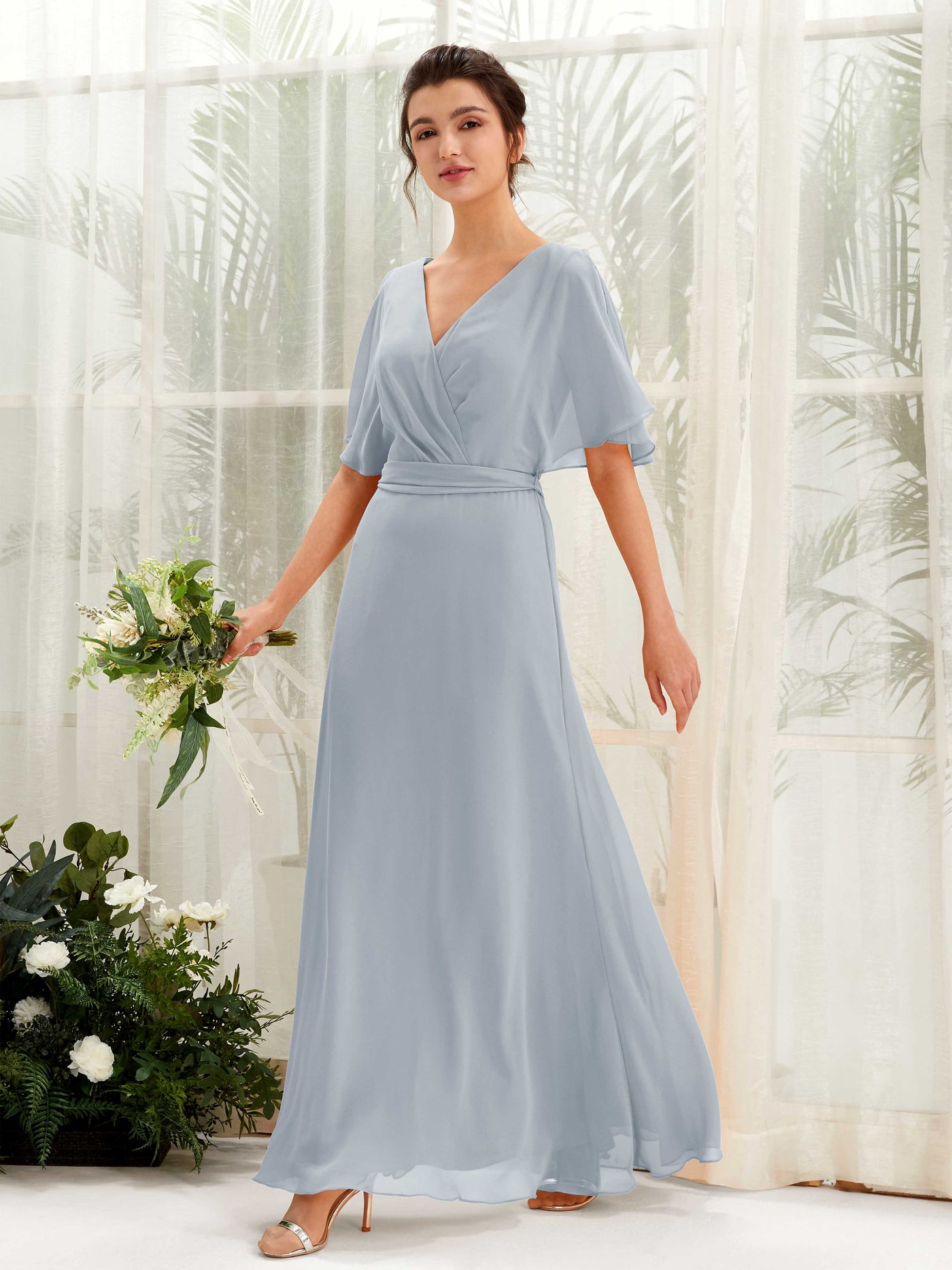 V-neck Short Sleeves Chiffon Bridesmaid Dress - Dusty Blue-Upgrade (81222404)#color_dusty-blue-upgrade