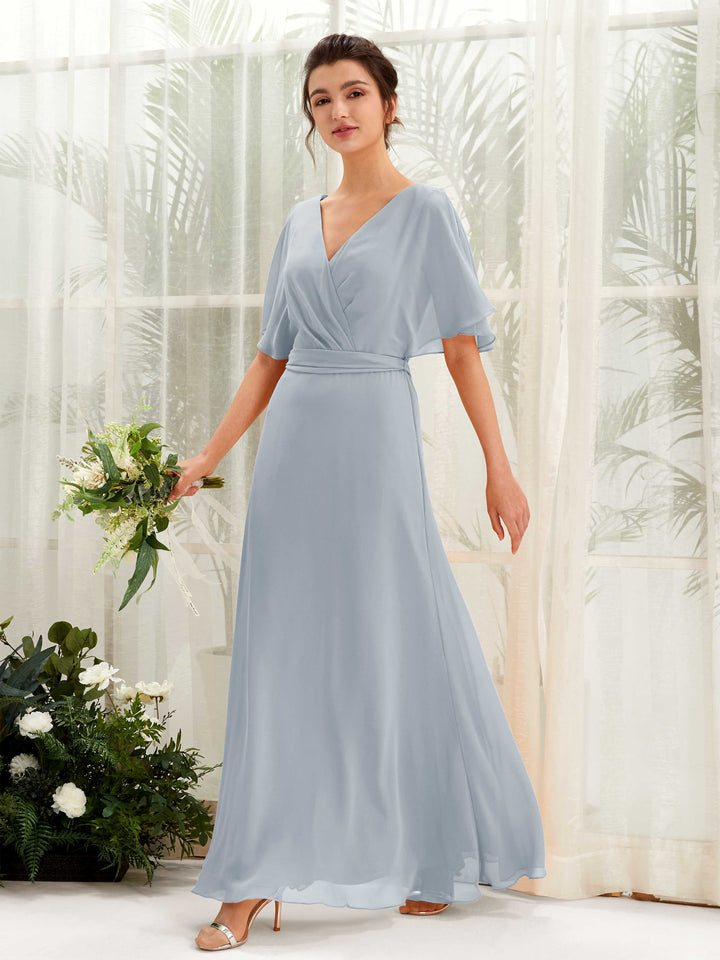 V-neck Short Sleeves Chiffon Bridesmaid Dress - Dusty Blue-Upgrade (81222404)