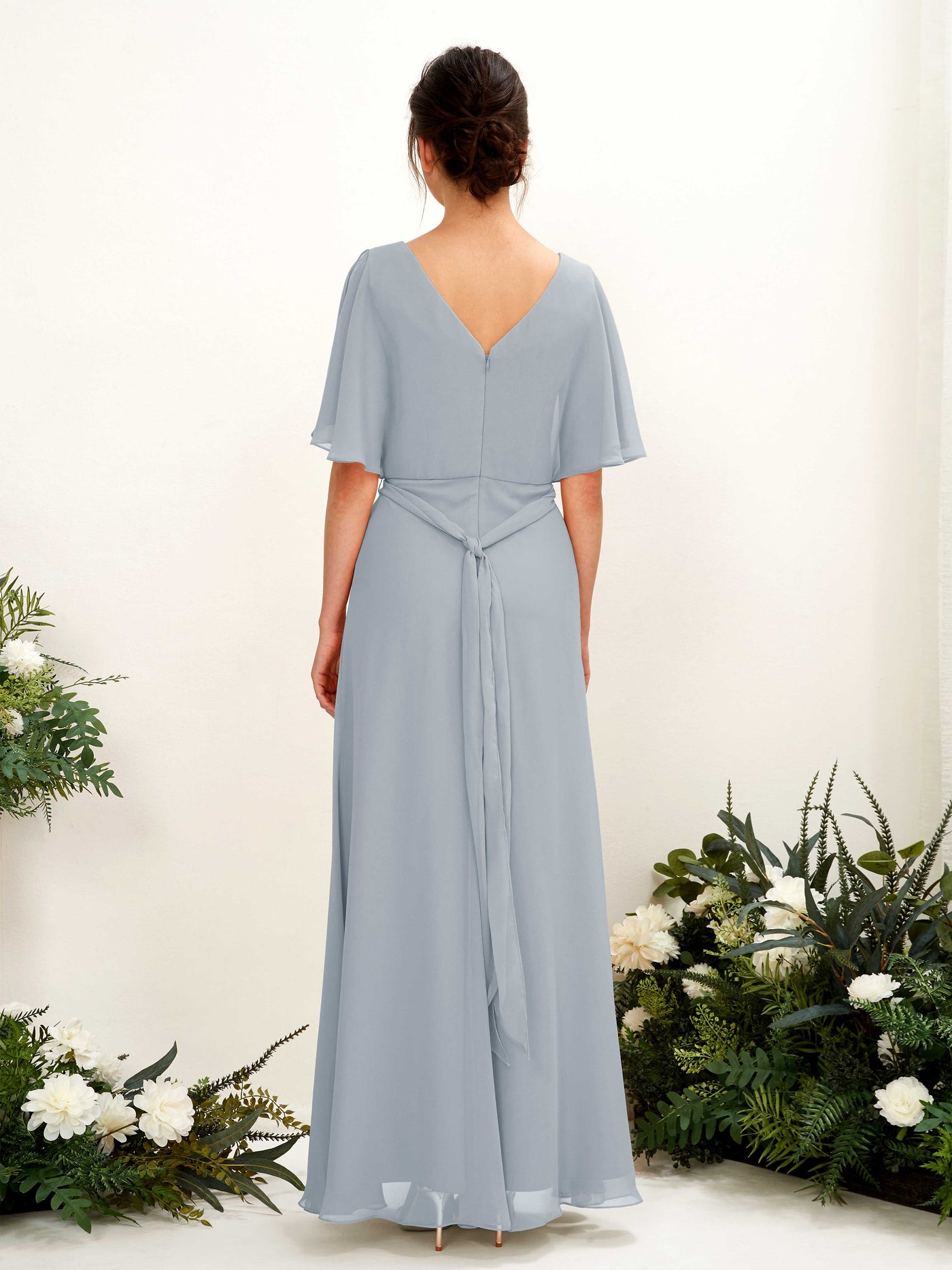 V-neck Short Sleeves Chiffon Bridesmaid Dress - Dusty Blue-Upgrade (81222404)#color_dusty-blue-upgrade