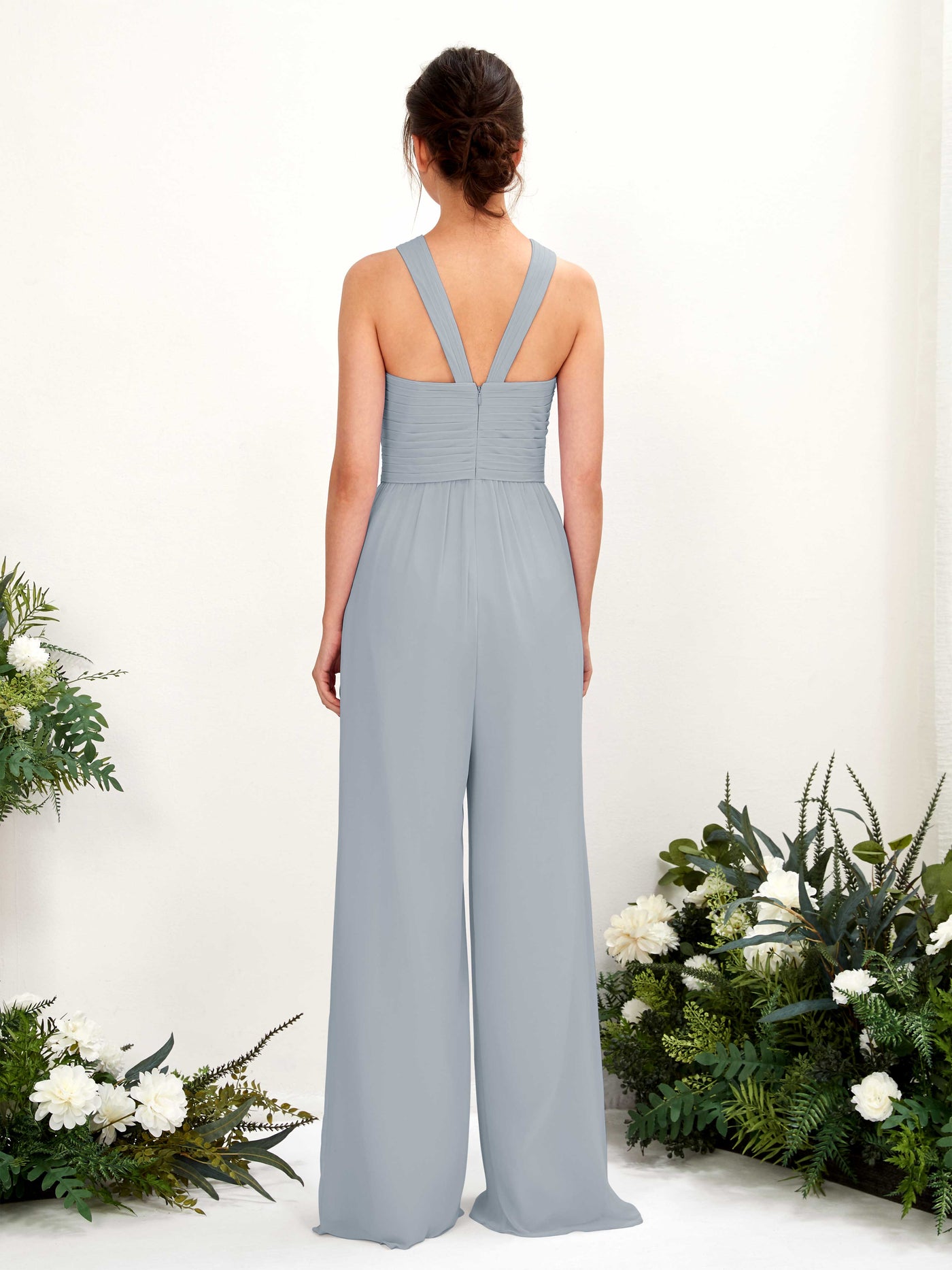 V-neck Sleeveless Chiffon Bridesmaid Dress Wide-Leg Jumpsuit - Dusty Blue-Upgrade (81220704)#color_dusty-blue-upgrade