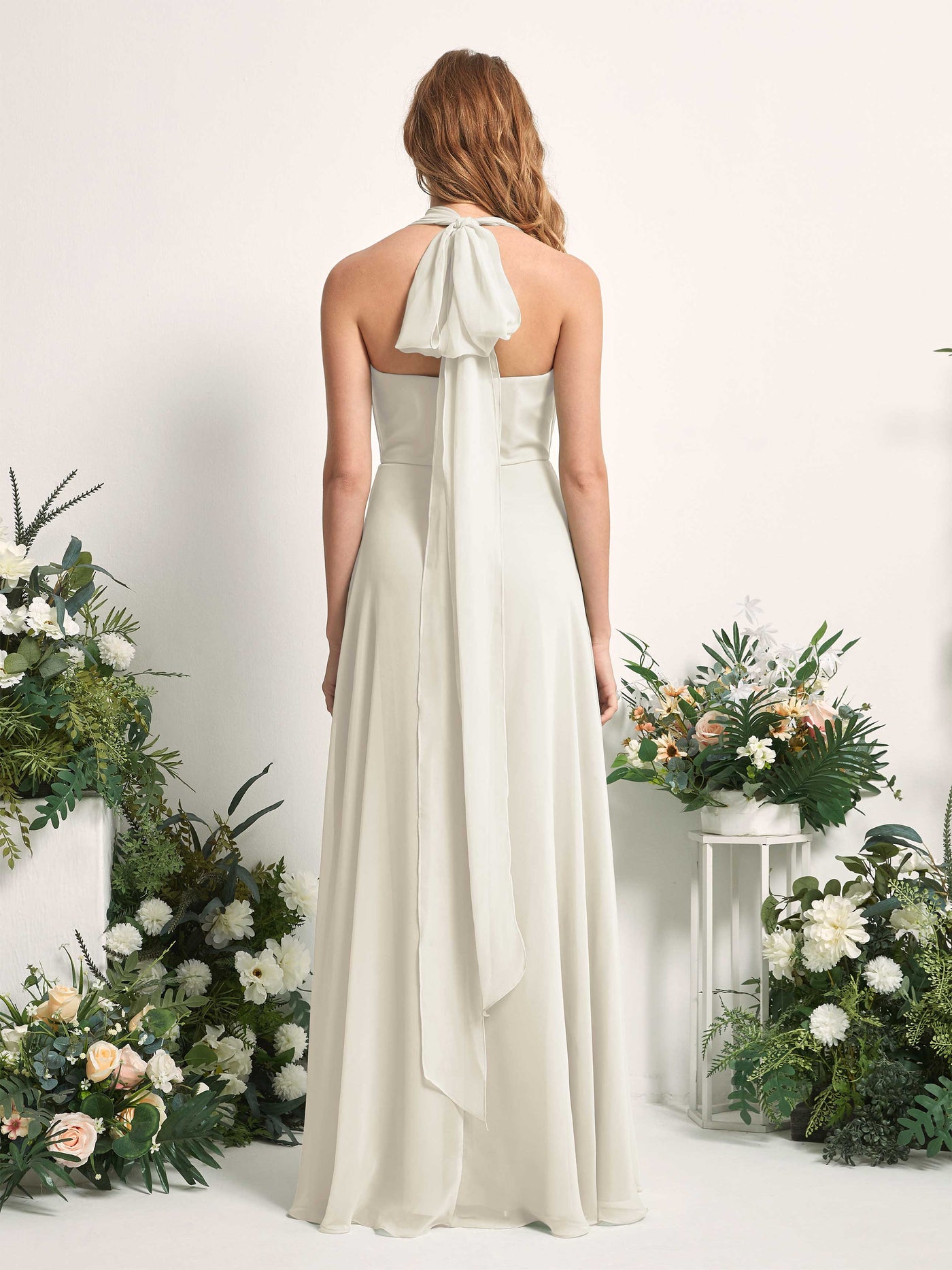 Bridesmaid Dress A-line Chiffon Halter Full Length Short Sleeves Wedding Party Dress - Ivory (81226326)#color_ivory