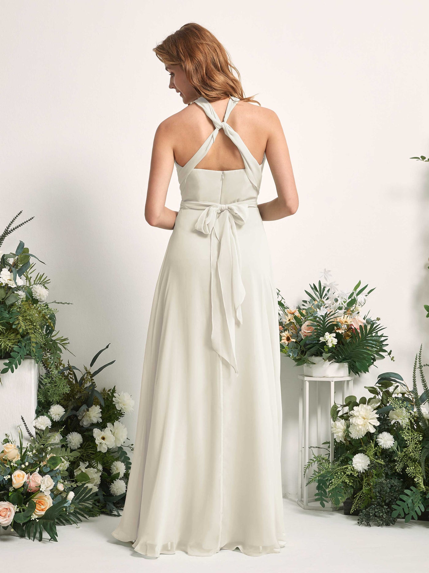 Bridesmaid Dress A-line Chiffon Halter Full Length Short Sleeves Wedding Party Dress - Ivory (81226326)#color_ivory