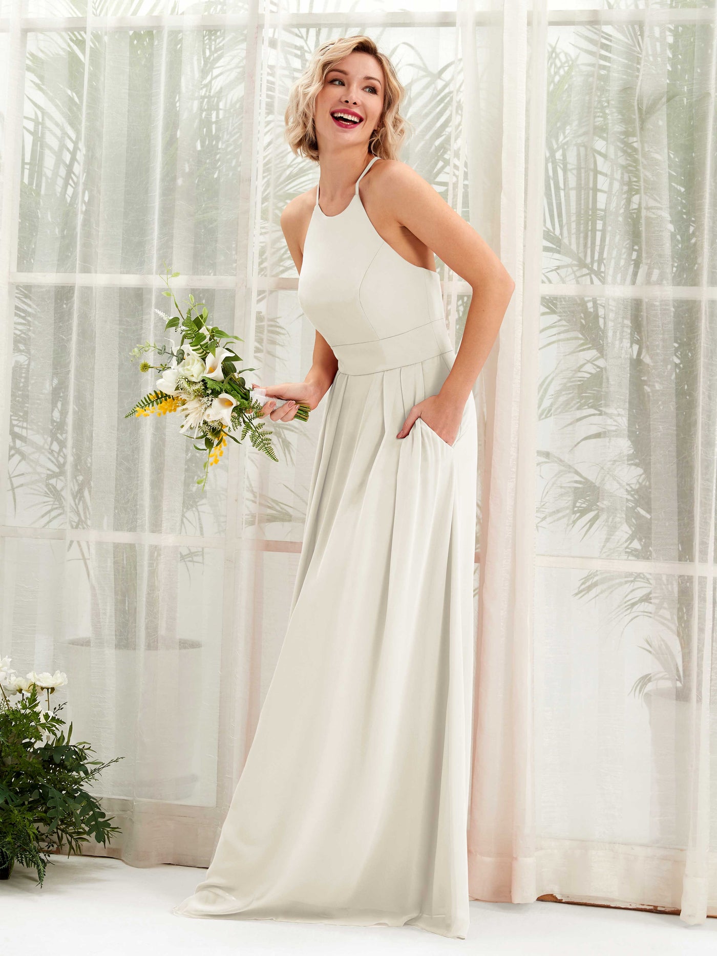 A-line Ball Gown Halter Spaghetti-straps Sleeveless Bridesmaid Dress - Ivory (81225226)#color_ivory