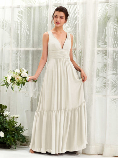Carlyna Alissa A-Line Ivory Bridesmaid Dress Maxi Sleeveless V-Neck Dress Front View #color_ivory