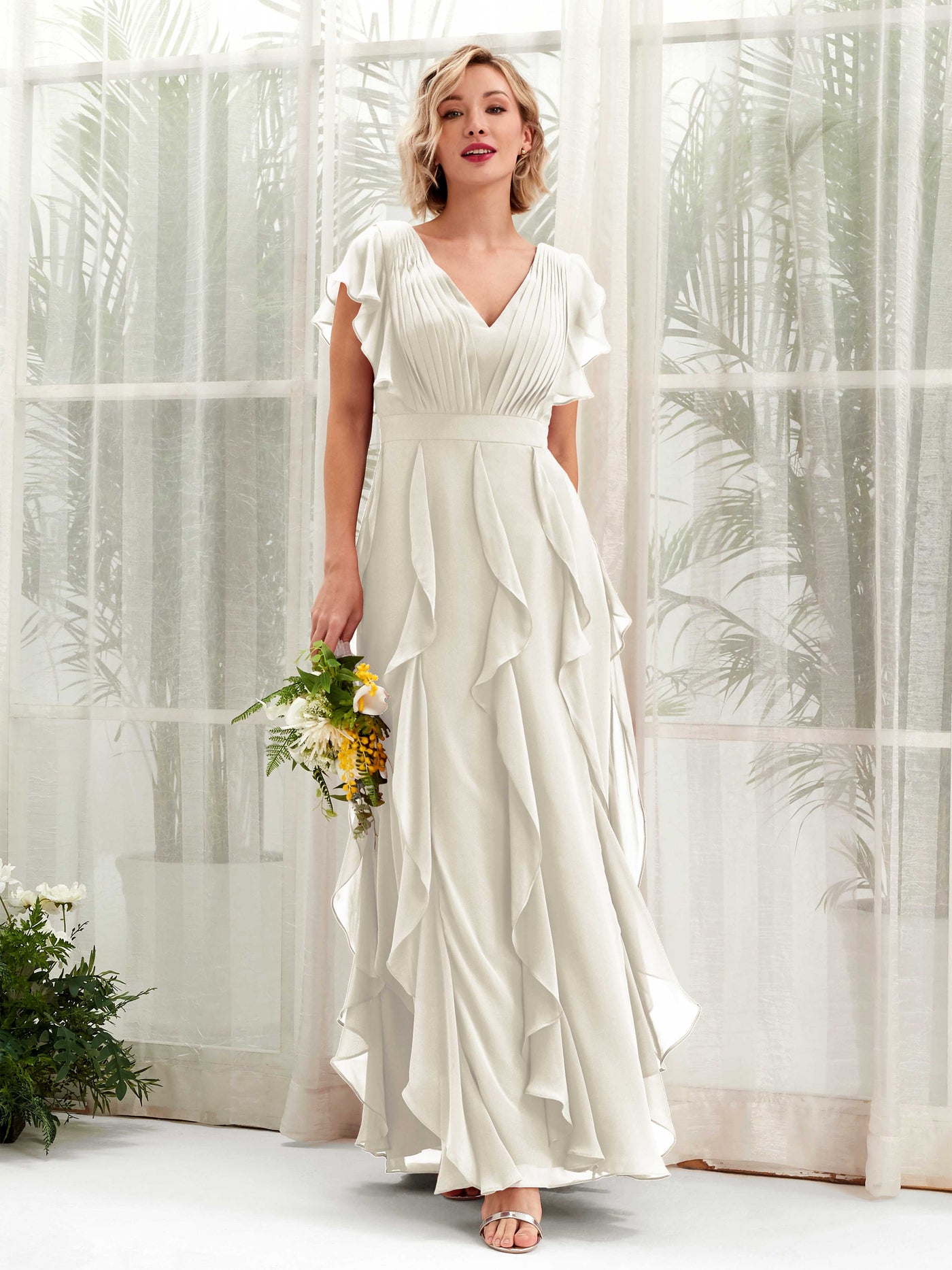 A-line V-neck Short Sleeves Chiffon Bridesmaid Dress - Ivory (81226026)#color_ivory