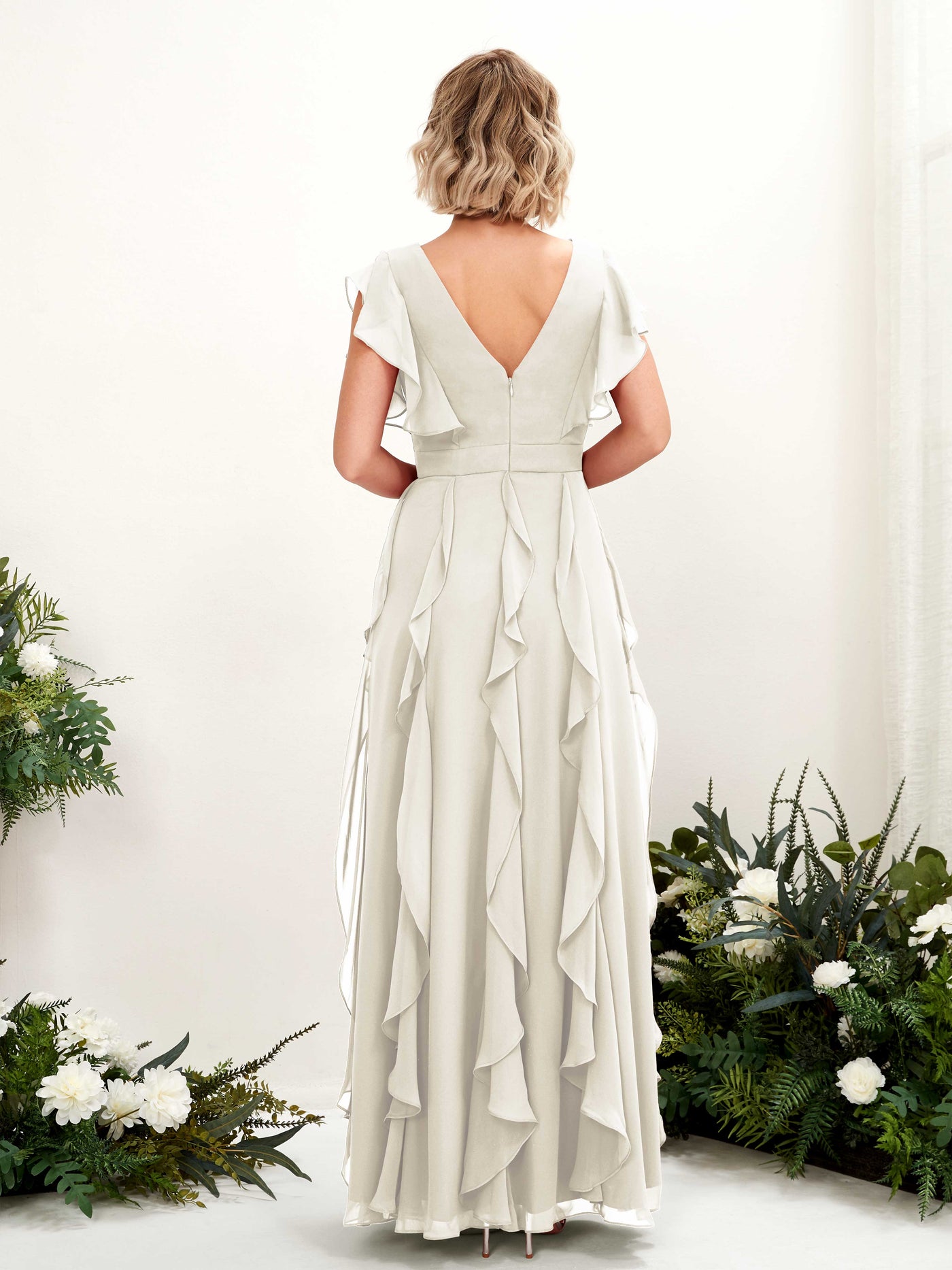 A-line V-neck Short Sleeves Chiffon Bridesmaid Dress - Ivory (81226026)#color_ivory