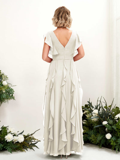 Carlyna Cynthia A-Line Ivory Bridesmaid Dress Maxi Cap Sleeve V-Neck Dress Back View #color_ivory