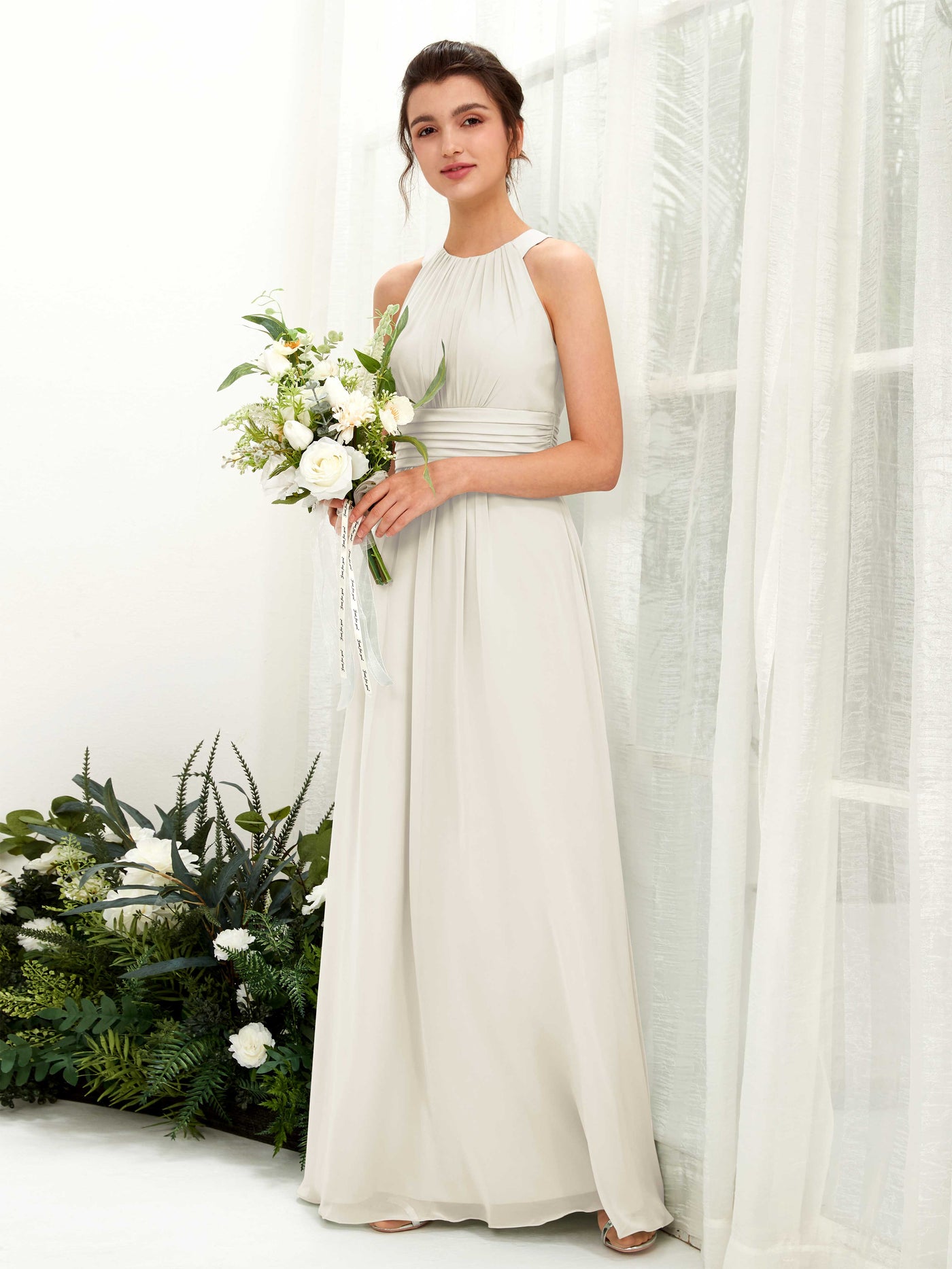 A-line Round Sleeveless Chiffon Bridesmaid Dress - Ivory (81221526)#color_ivory