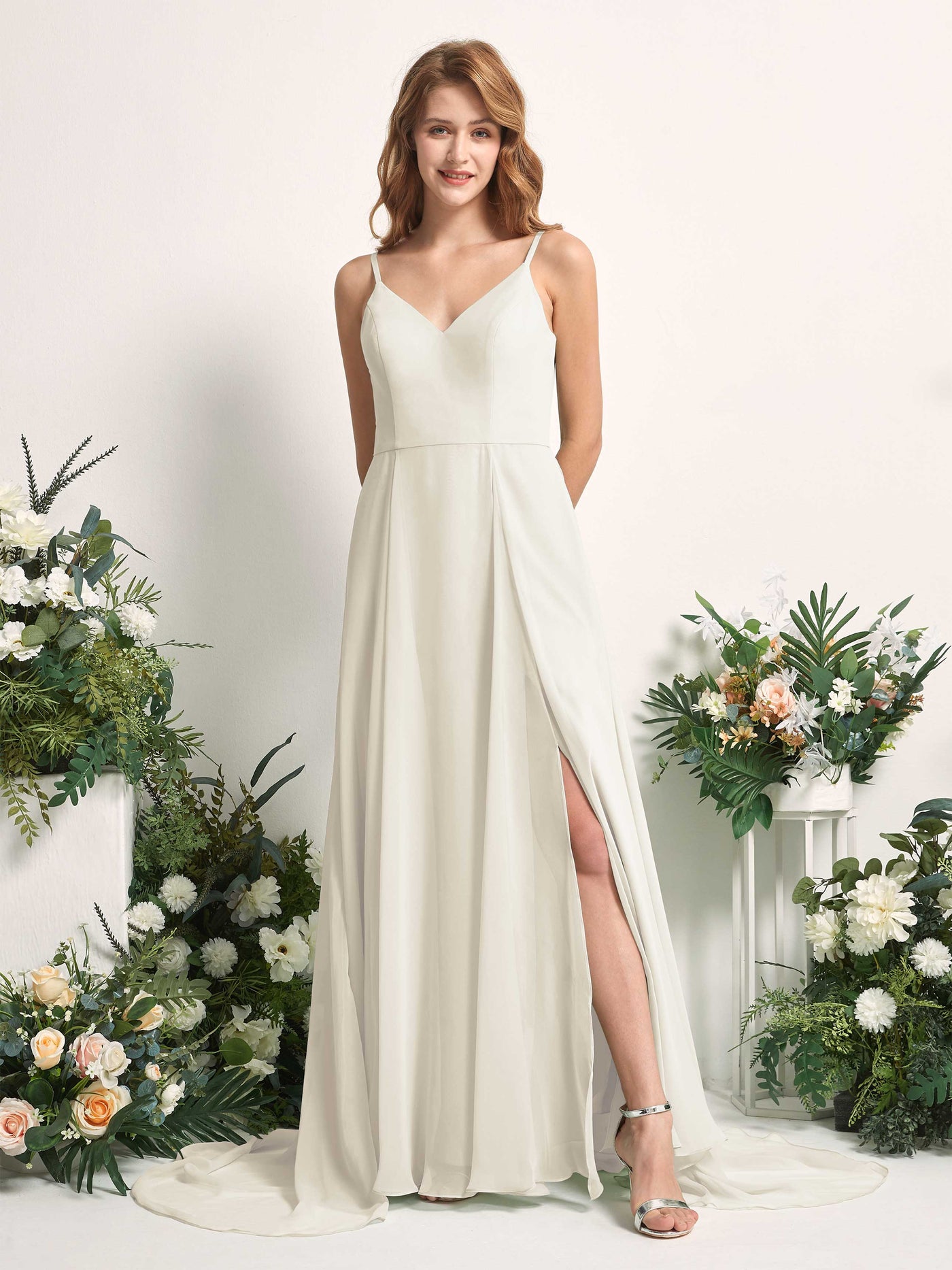 Bridesmaid Dress A-line Chiffon Spaghetti-straps Full Length Sleeveless Wedding Party Dress - Ivory (81227726)#color_ivory