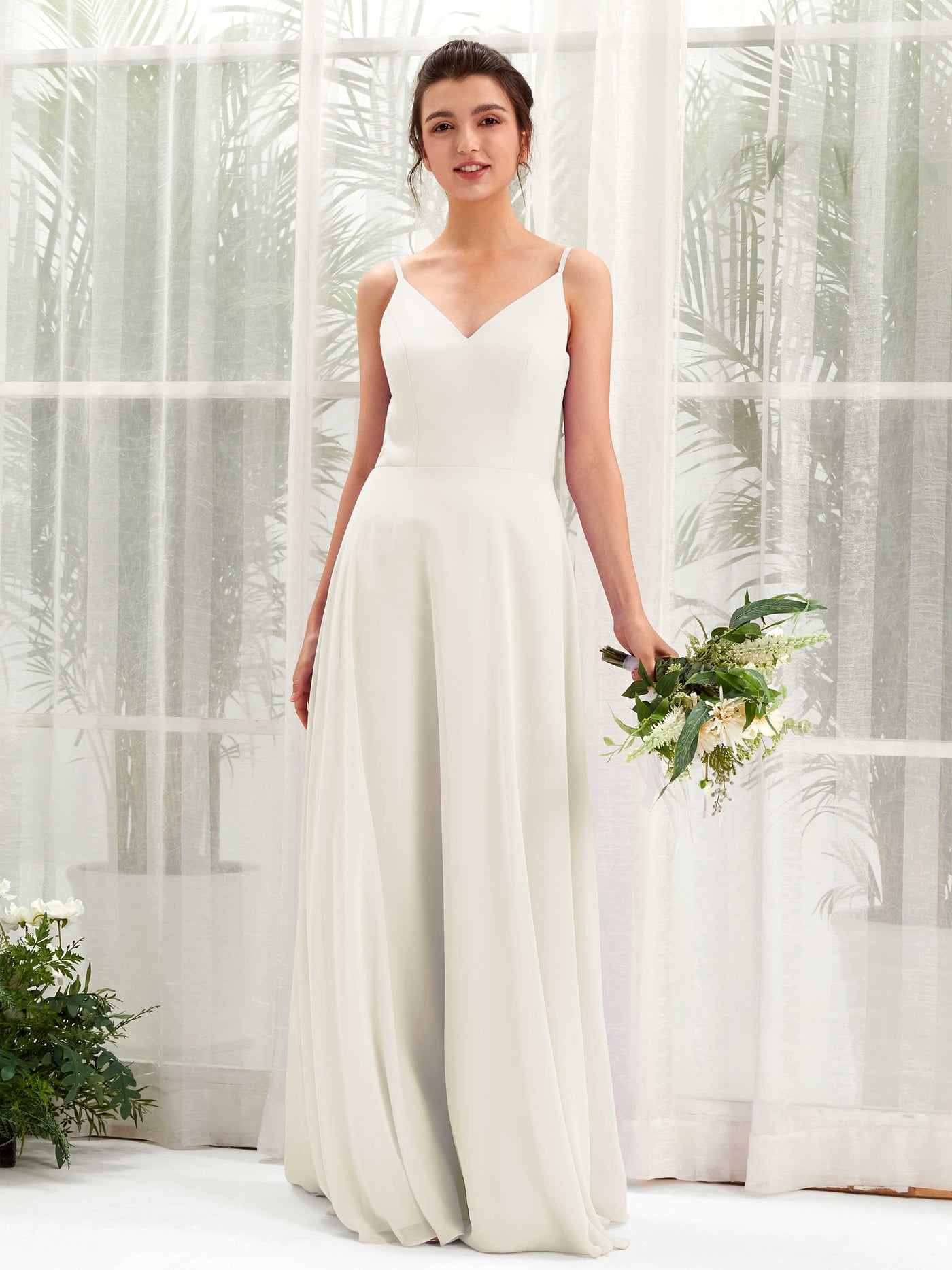 A-line Spaghetti-straps V-neck Sleeveless Chiffon Bridesmaid Dress - Ivory (81220626)#color_ivory