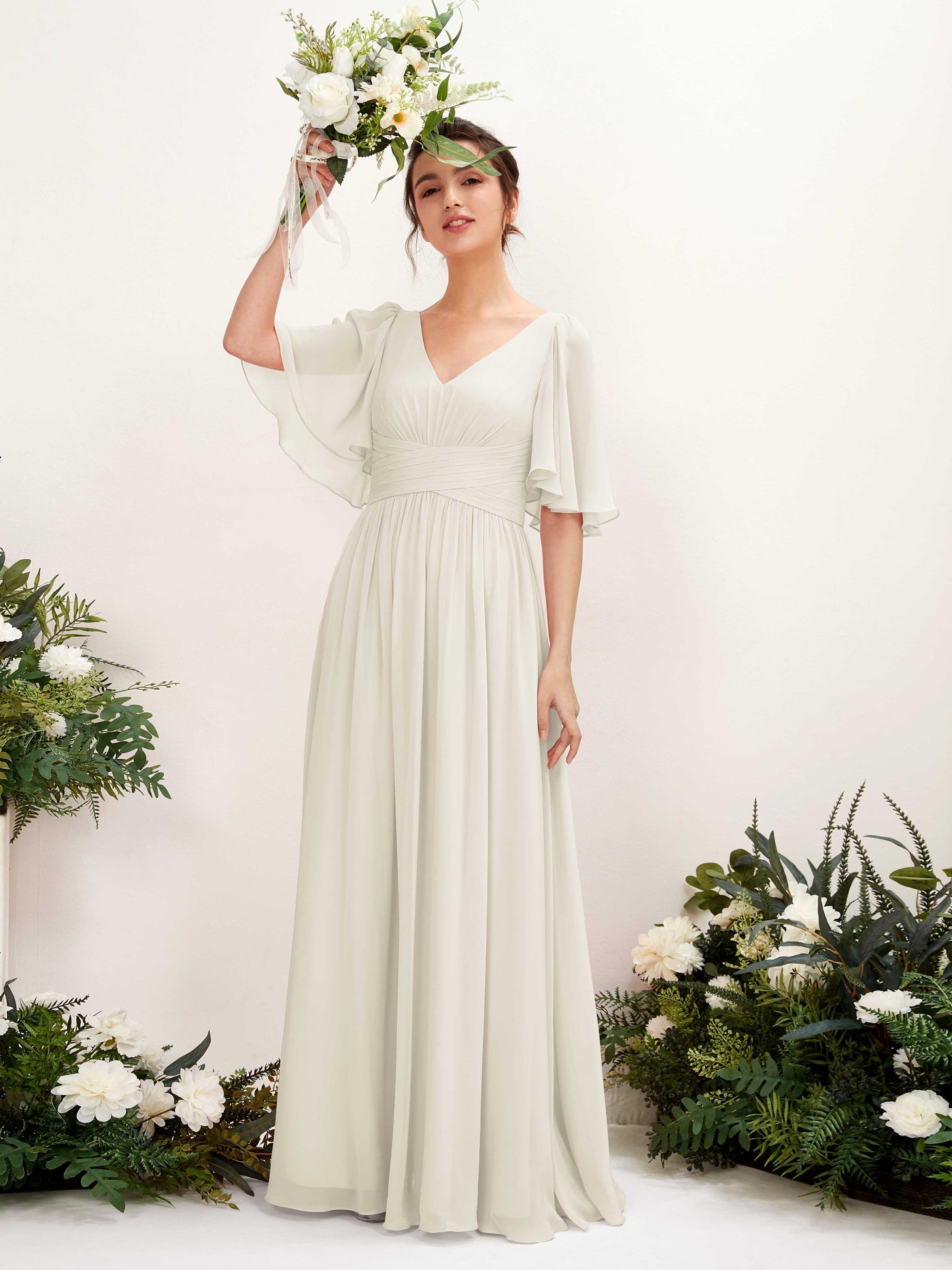 A-line V-neck 1/2 Sleeves Chiffon Bridesmaid Dress - Ivory (81221626)#color_ivory