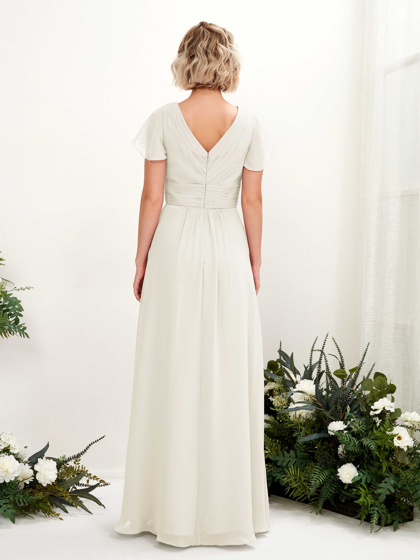 A-line V-neck Cap Sleeves Chiffon Bridesmaid Dress - Ivory (81224326)#color_ivory