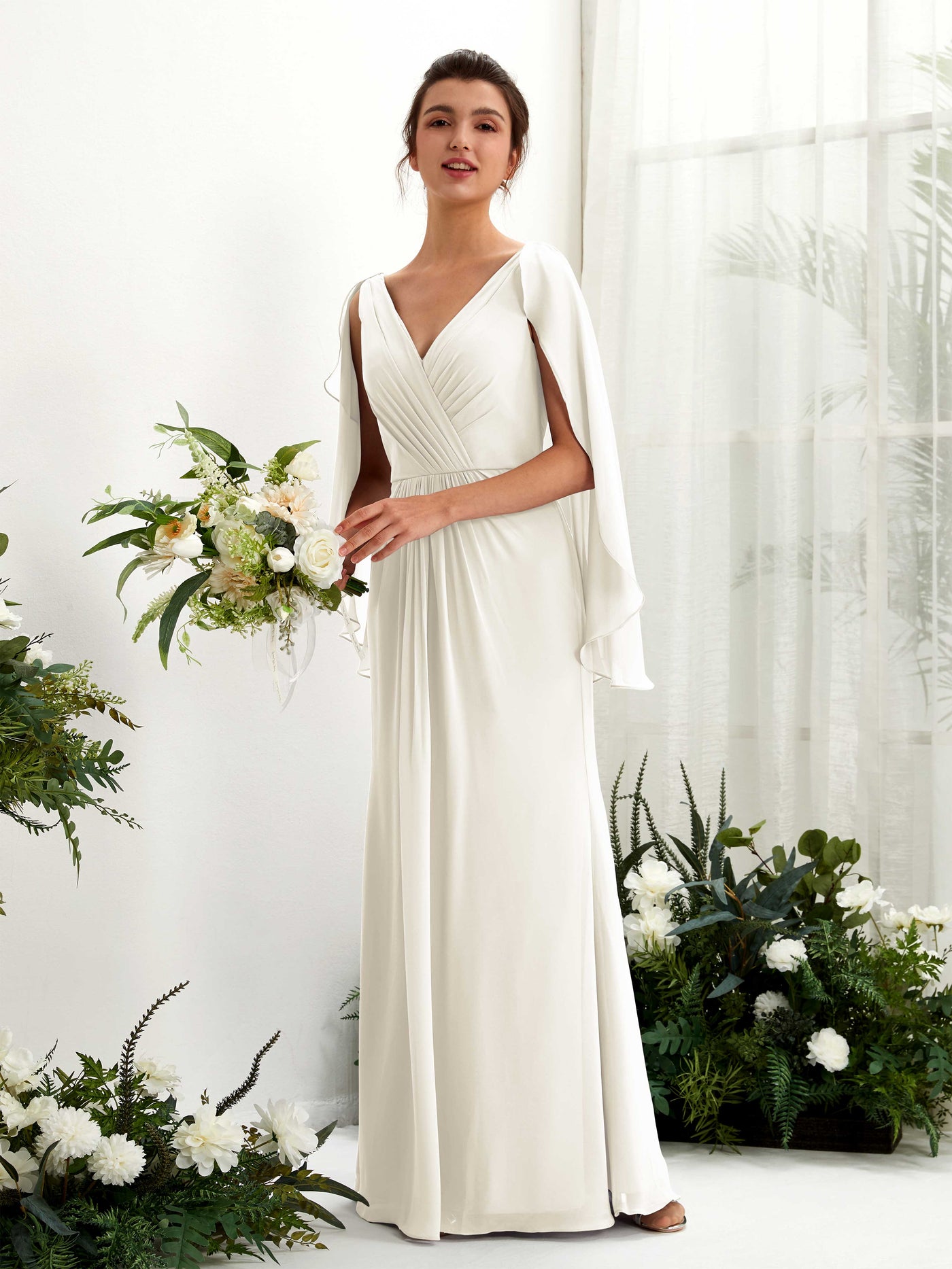 A-line V-neck Chiffon Bridesmaid Dress - Ivory (80220126)#color_ivory