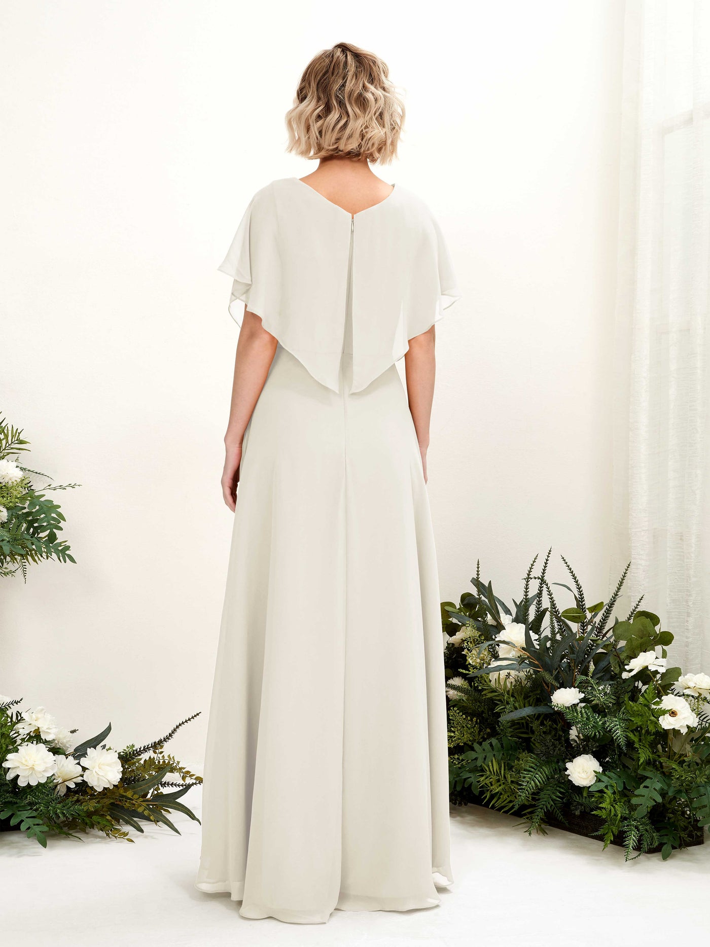 A-line V-neck Short Sleeves Chiffon Bridesmaid Dress - Ivory (81222126)#color_ivory