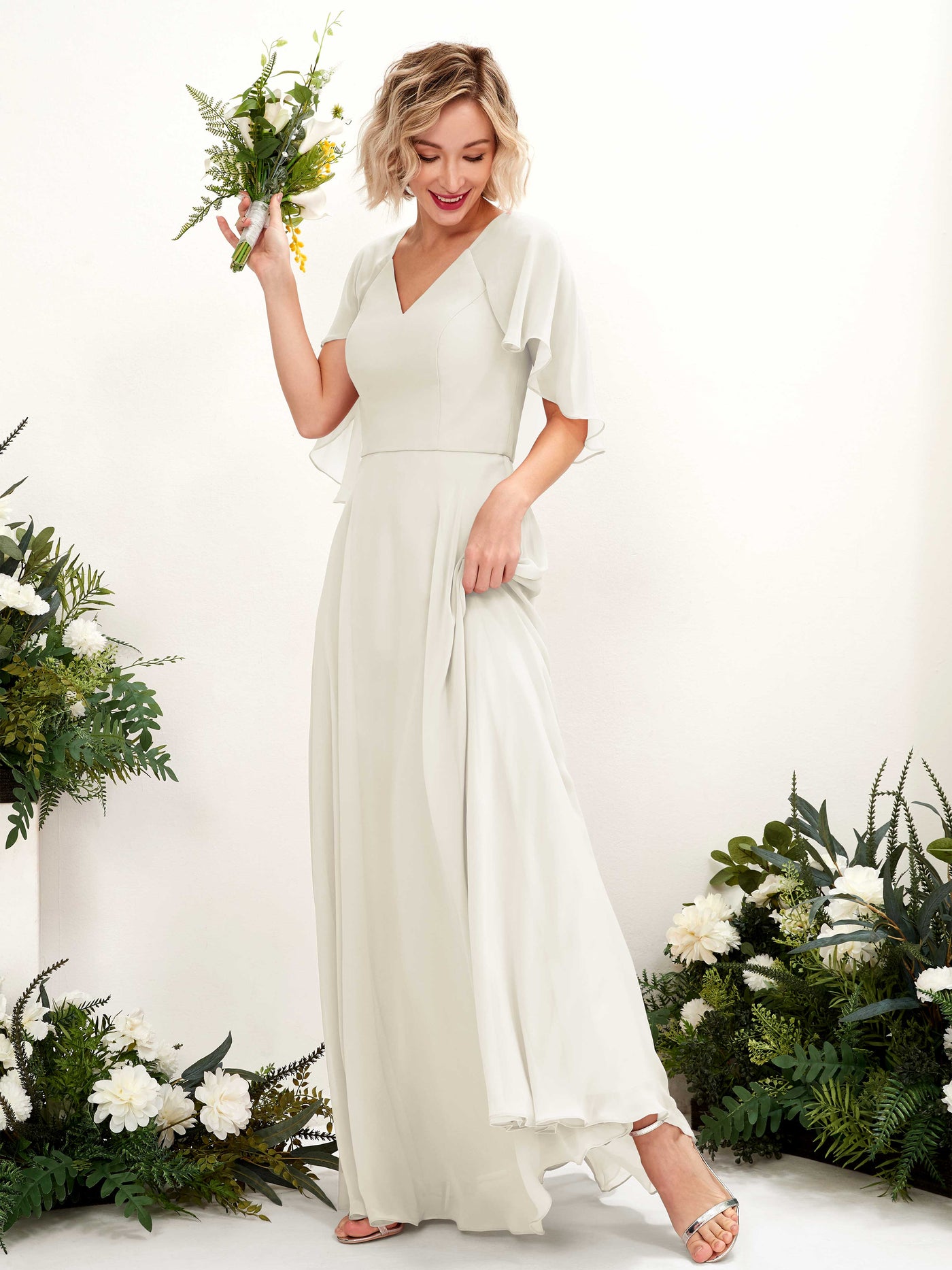 A-line V-neck Short Sleeves Chiffon Bridesmaid Dress - Ivory (81224426)#color_ivory