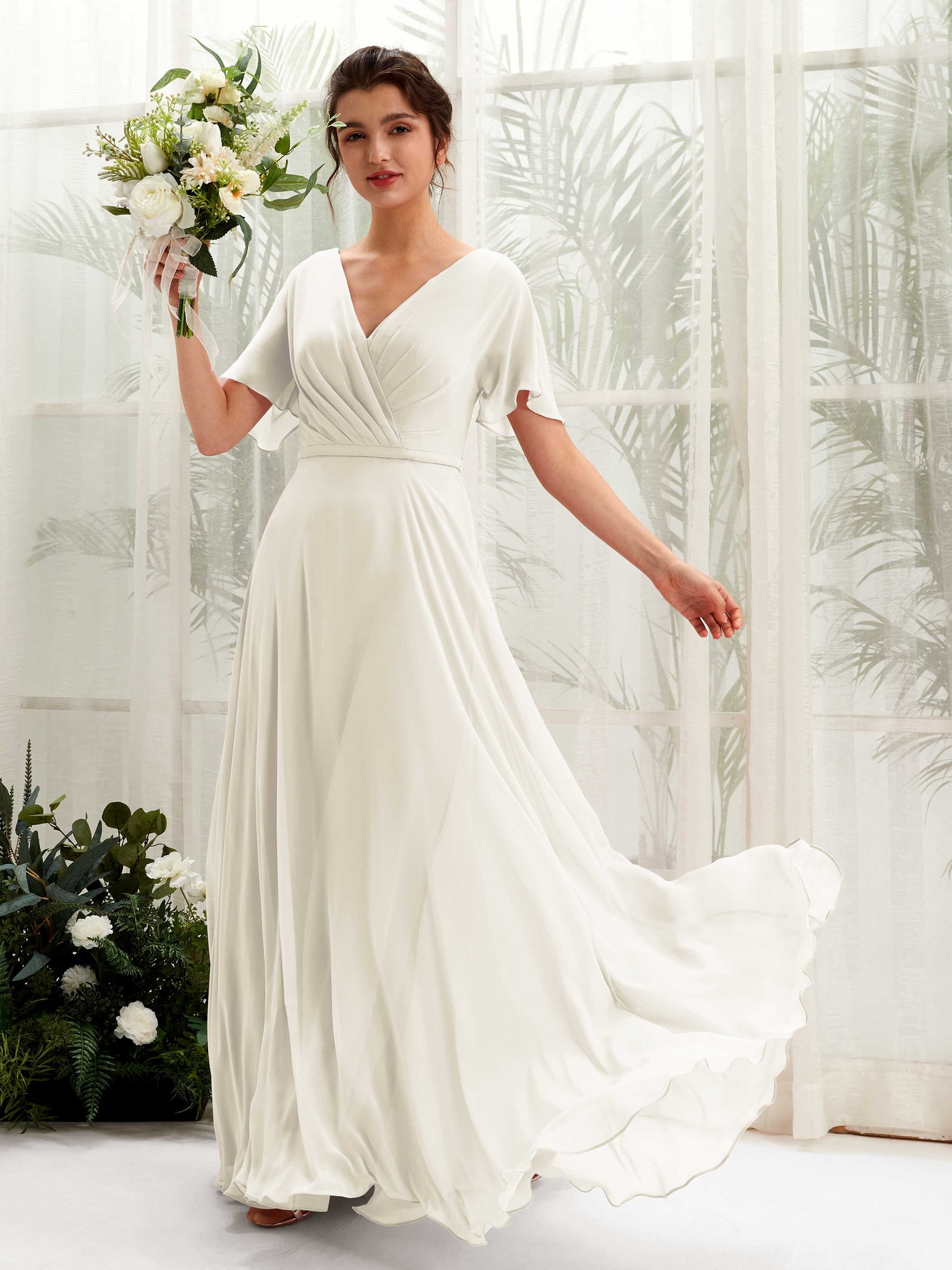 A-line V-neck Short Sleeves Chiffon Bridesmaid Dress - Ivory (81224626)#color_ivory