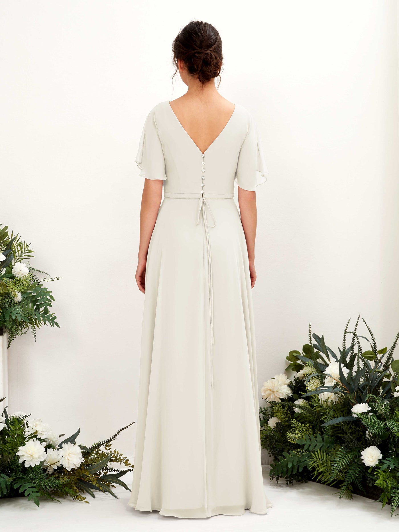 A-line V-neck Short Sleeves Chiffon Bridesmaid Dress - Ivory (81224626)#color_ivory