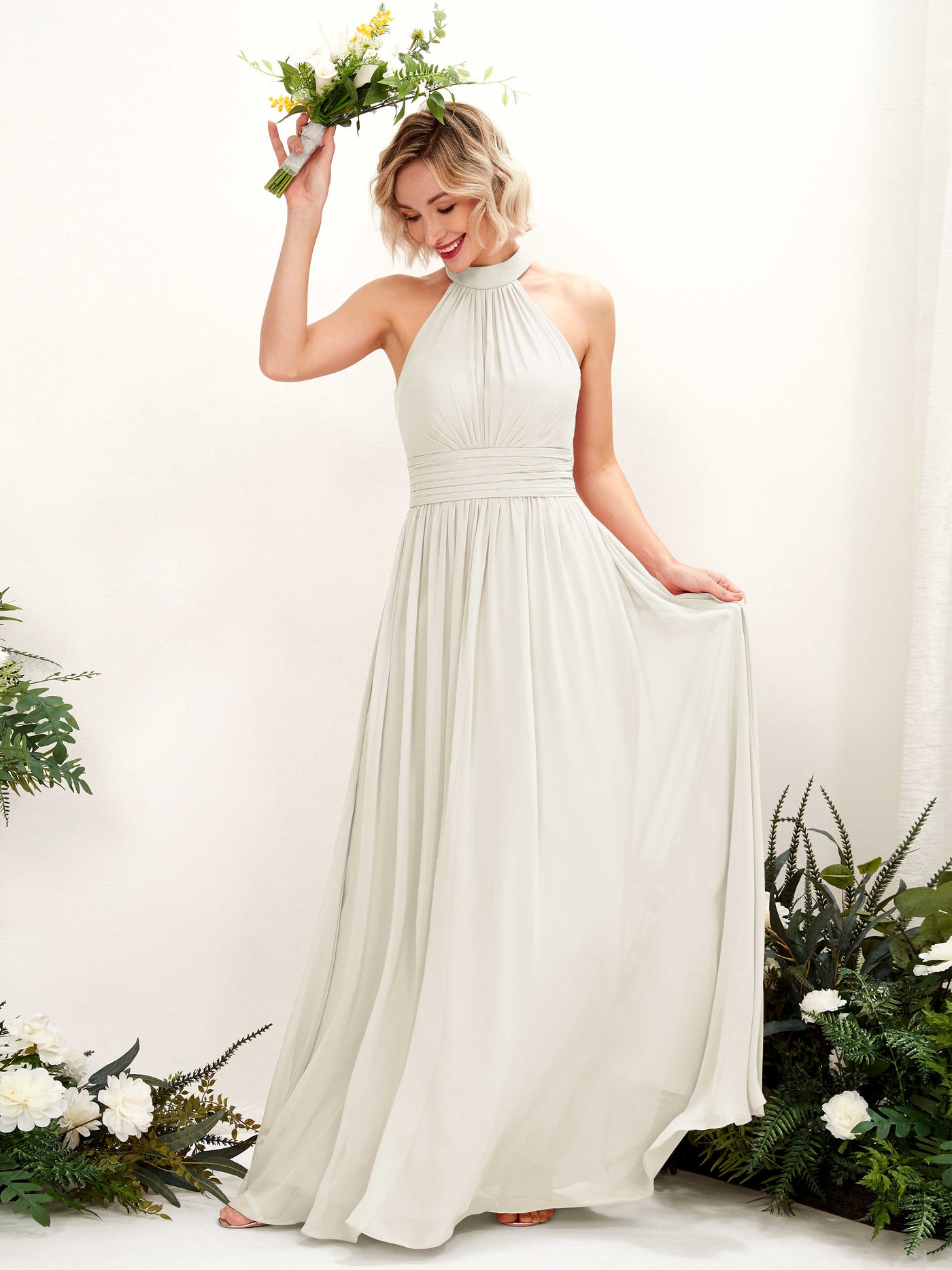 Ball Gown Halter Sleeveless Chiffon Bridesmaid Dress - Ivory (81225326)#color_ivory