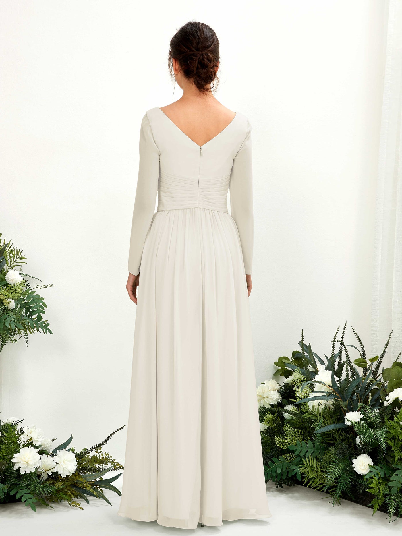 Ball Gown V-neck Long Sleeves Chiffon Bridesmaid Dress - Ivory (81220326)#color_ivory