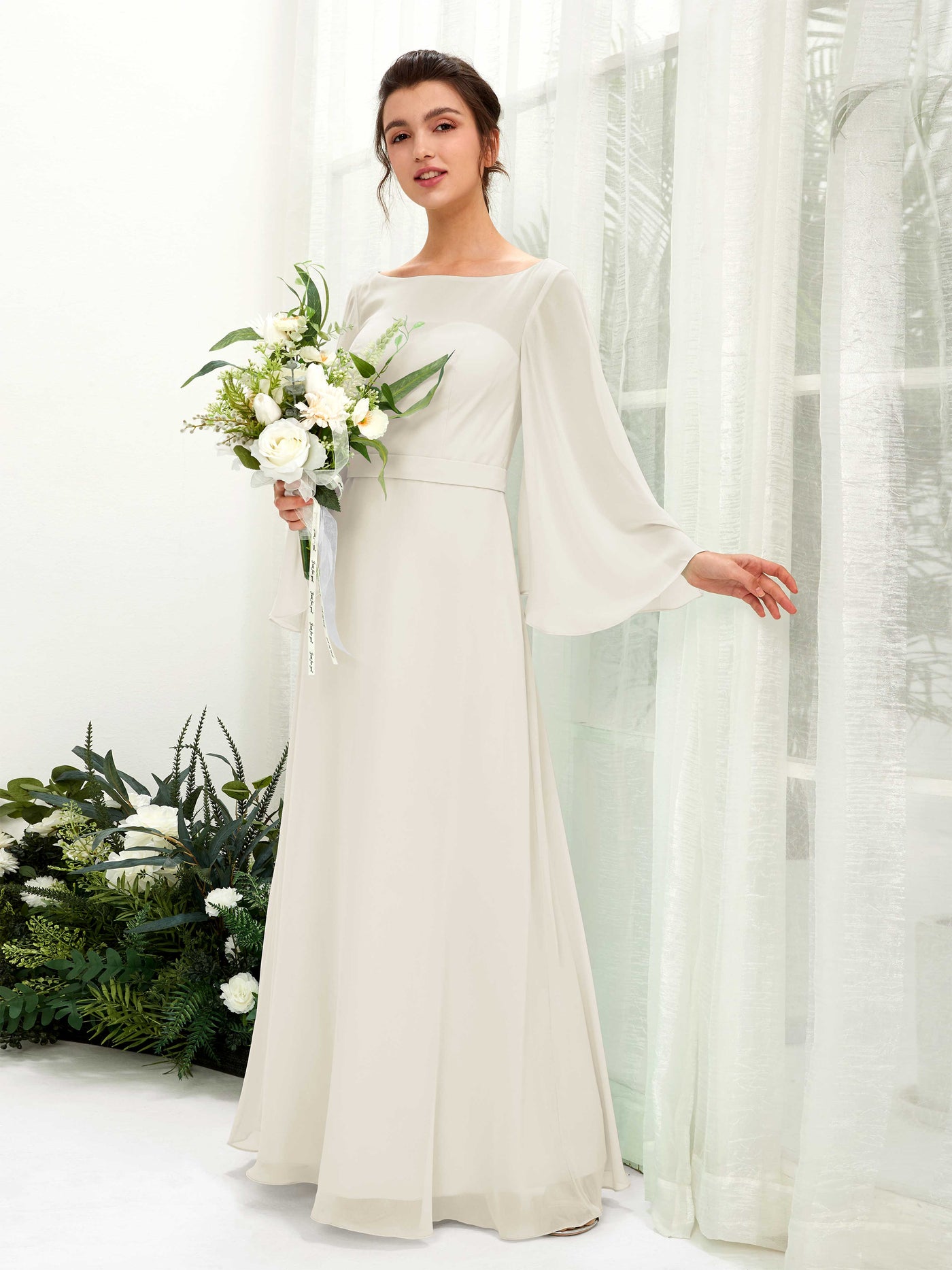 Bateau Illusion Long Sleeves Chiffon Bridesmaid Dress - Ivory (81220526)#color_ivory