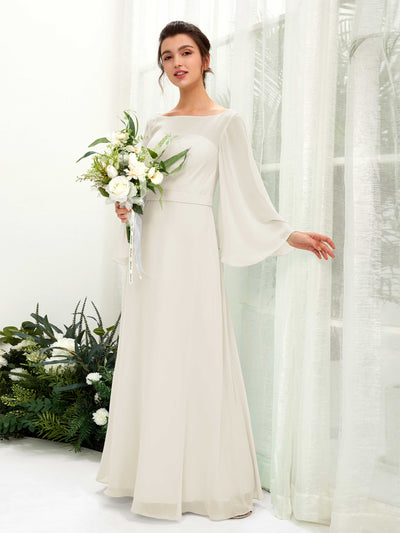Carlyna Elie A-Line Ivory Bridesmaid Dress Maxi Long Sleeve Boat Neck Front View #color_ivory