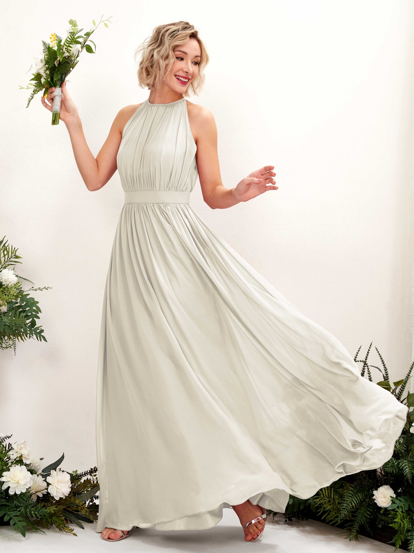 Halter Sleeveless Chiffon Bridesmaid Dress - Ivory (81223126)#color_ivory