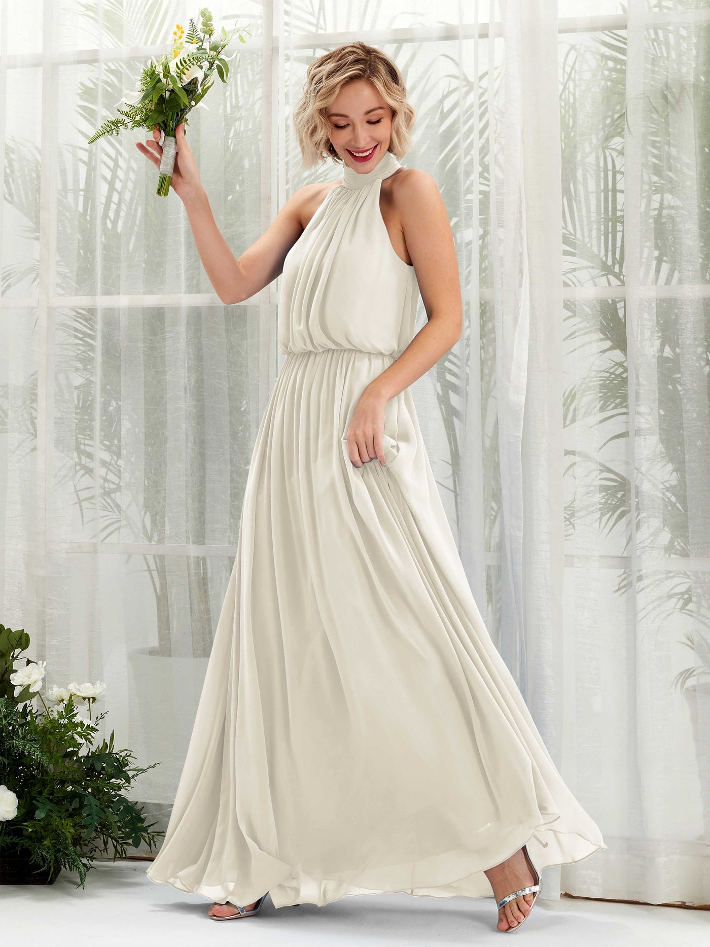 Halter Sleeveless Chiffon Bridesmaid Dress - Ivory (81222926)#color_ivory