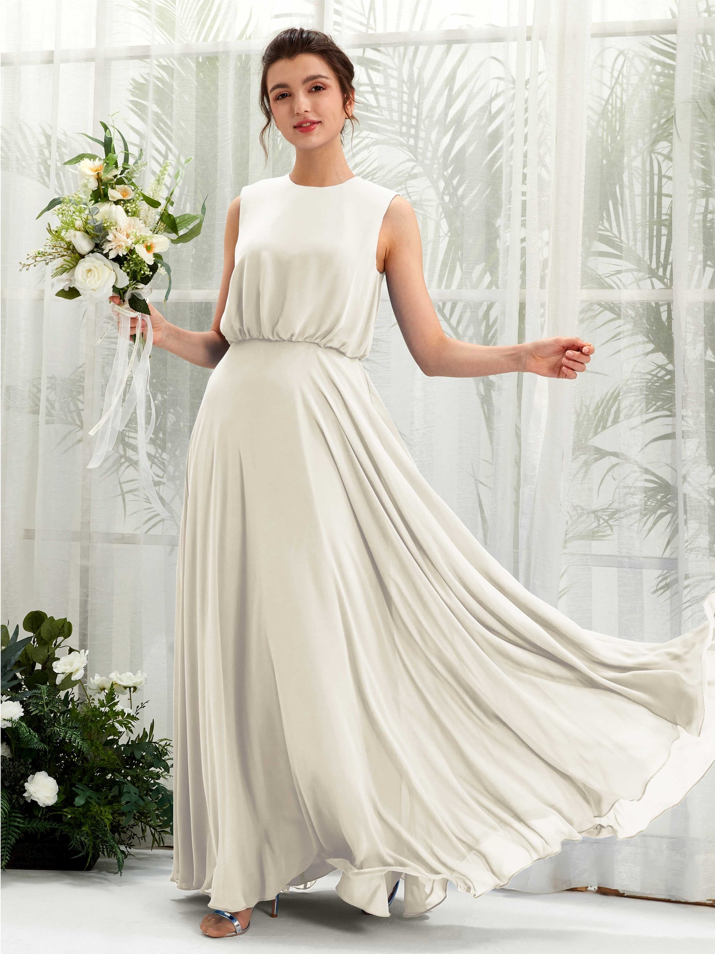 Round Sleeveless Chiffon Bridesmaid Dress - Ivory (81222826)#color_ivory