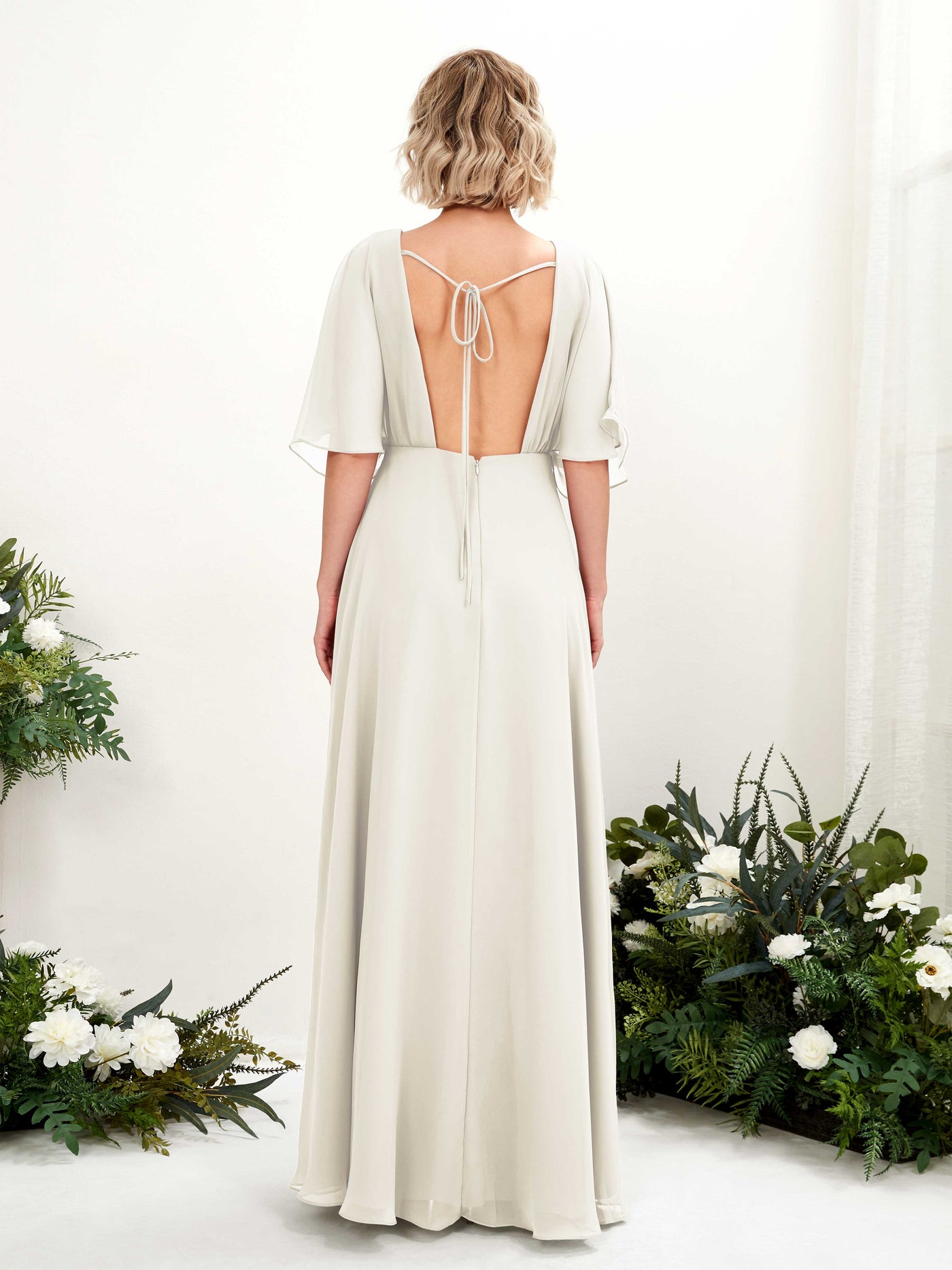 V-neck 1/2 Sleeves Chiffon Bridesmaid Dress - Ivory (81225126)#color_ivory
