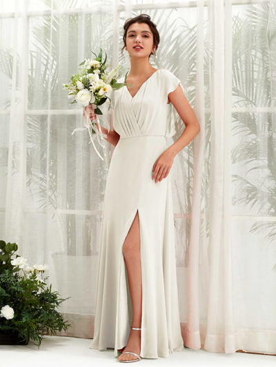 Carlyna Annie A-Line Ivory Bridesmaid Dress Maxi Cap Sleeve V-Neck Dress Front View #color_ivory