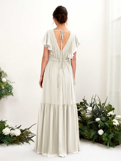 Carlyna Chaya A-Line Ivory Bridesmaid Dress Maxi Cap Sleeve V-Neck Dress Back View #color_ivory
