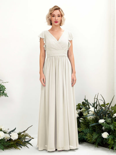 Carlyna Grino A-Line Ivory Bridesmaid Dress Maxi Cap Sleeve V-Neck Dress Front View #color_ivory