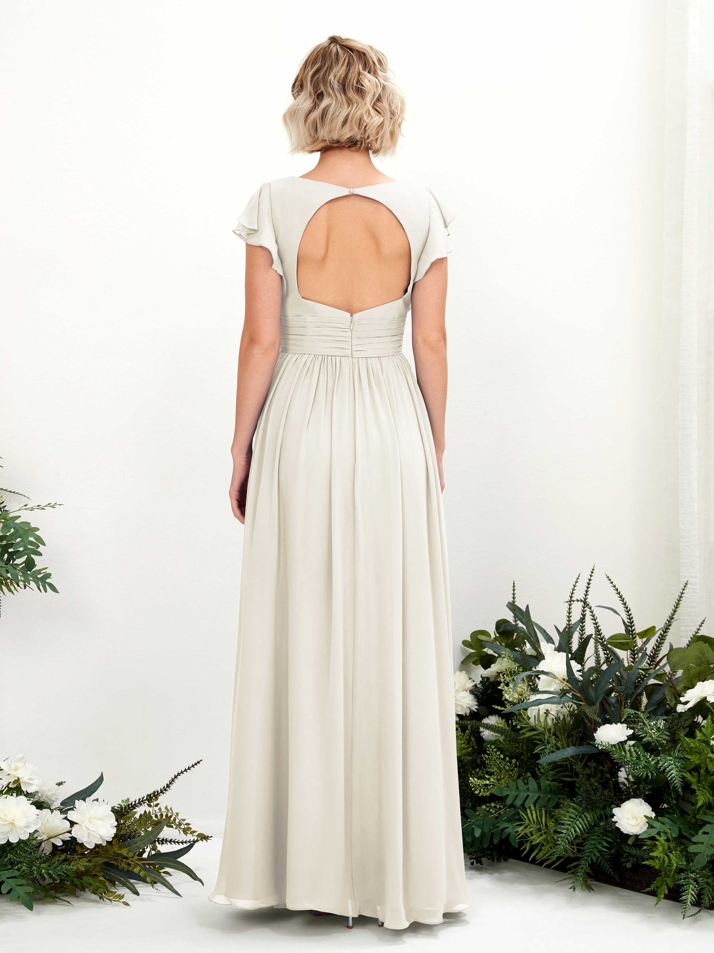 V-neck Short Sleeves Chiffon Bridesmaid Dress - Ivory (81222726)#color_ivory