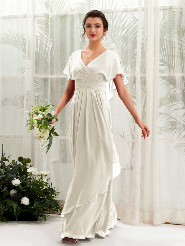 V-neck Short Sleeves Chiffon Bridesmaid Dress - Ivory (81226126)