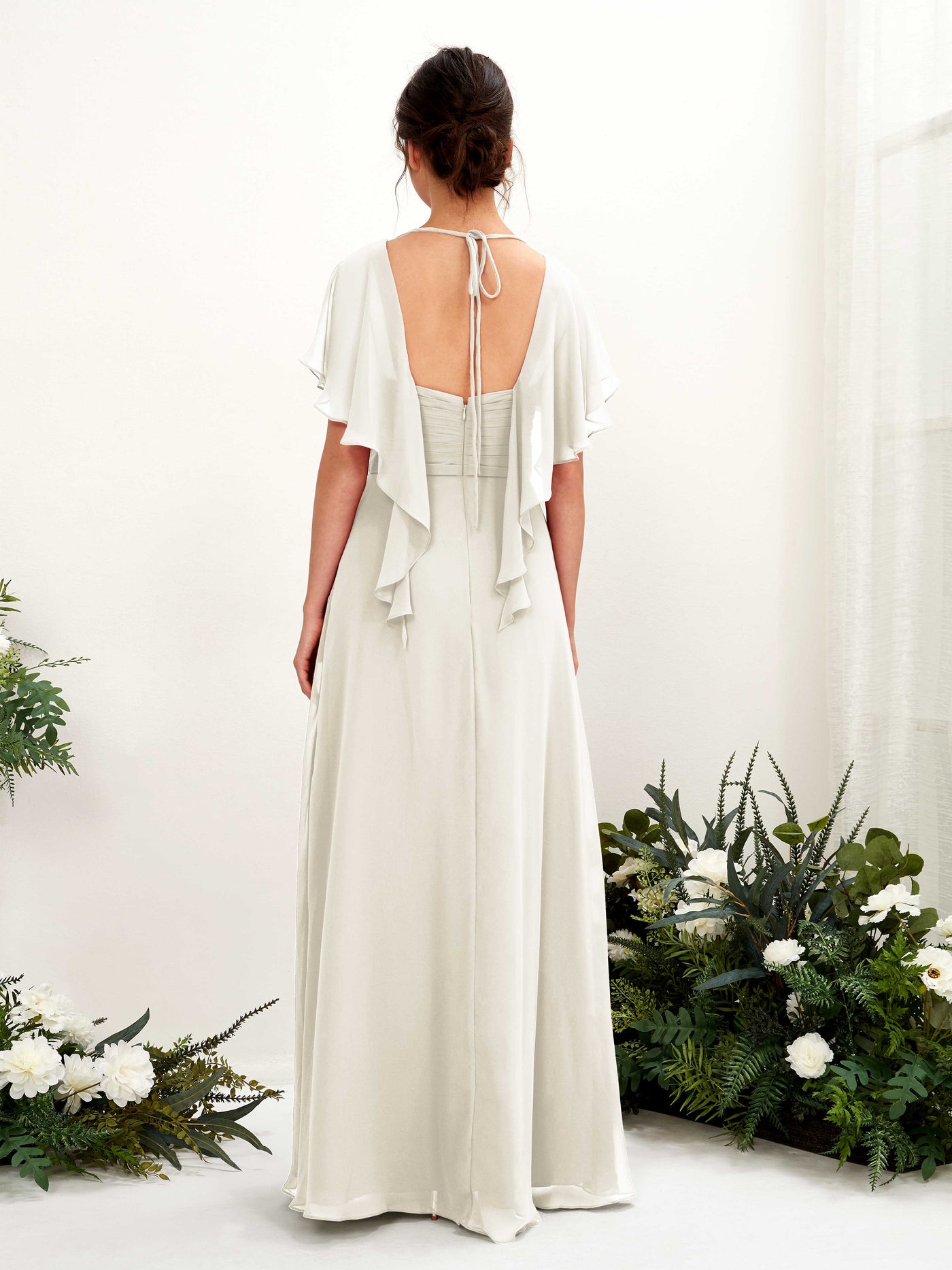 V-neck Short Sleeves Chiffon Bridesmaid Dress - Ivory (81226126)#color_ivory