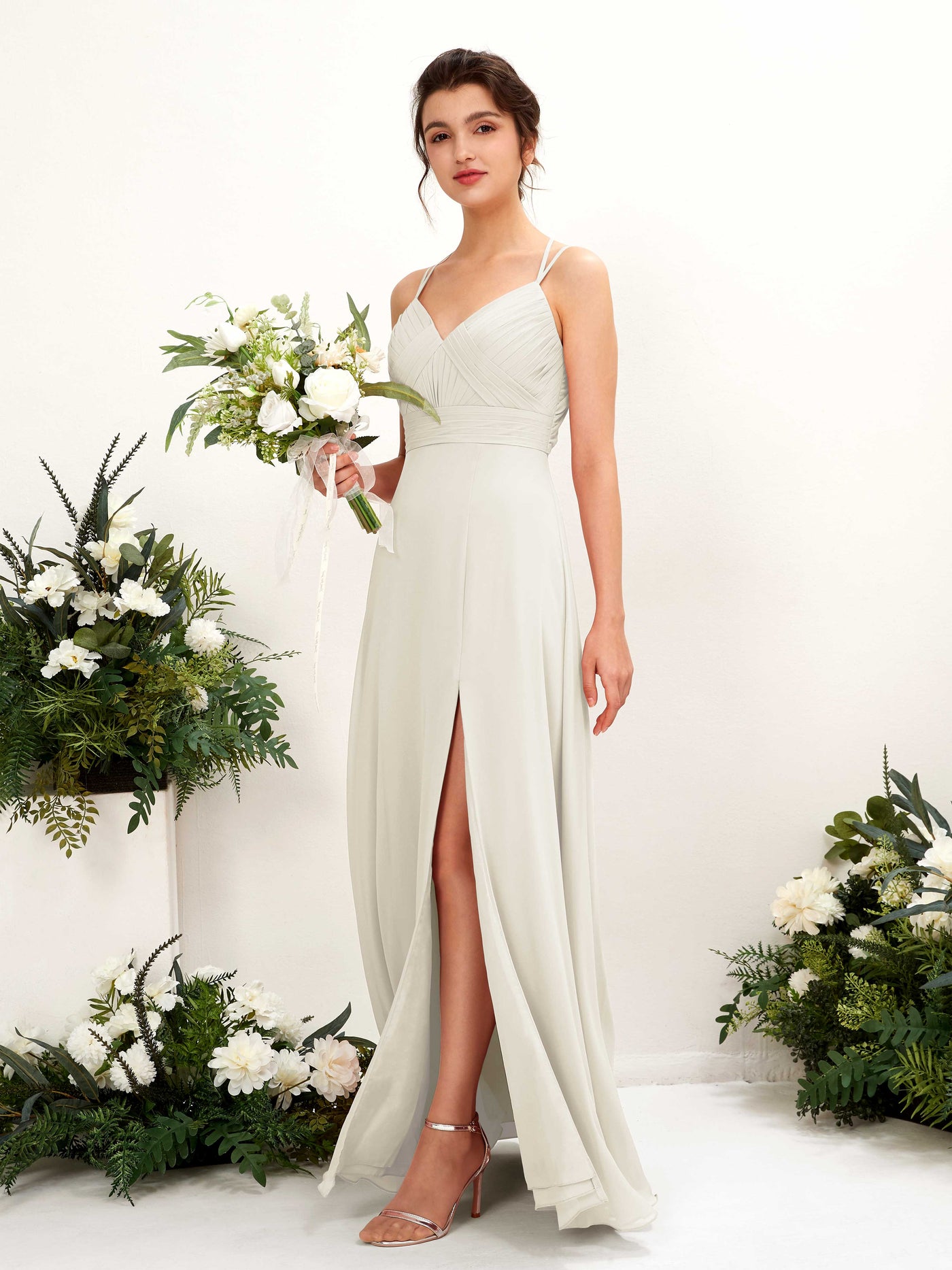 Straps V-neck Sleeveless Chiffon Bridesmaid Dress - Ivory (81225426)#color_ivory
