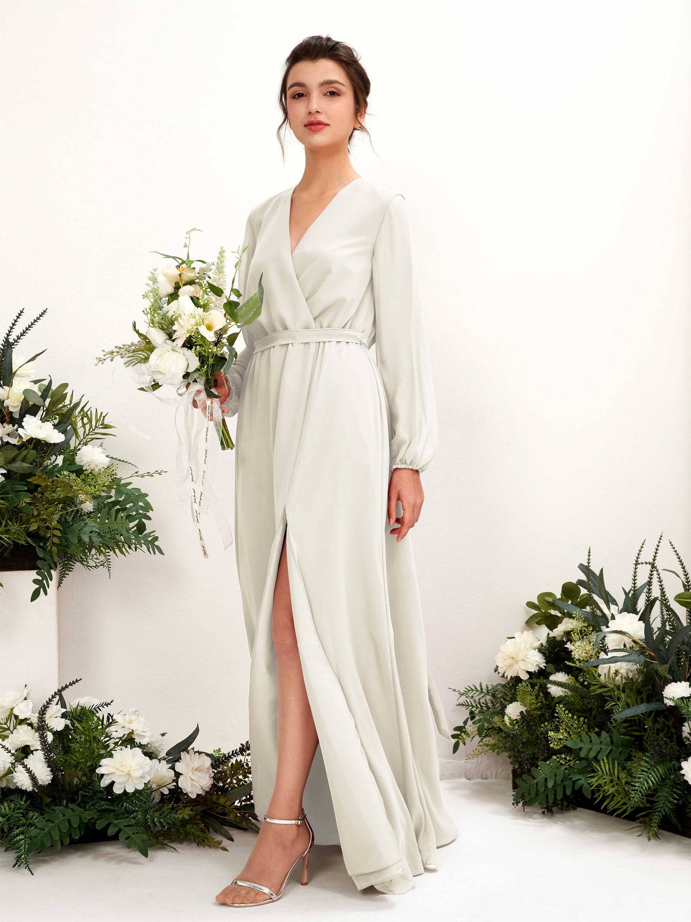 V-neck Long Sleeves Chiffon Bridesmaid Dress - Ivory (81223226)#color_ivory