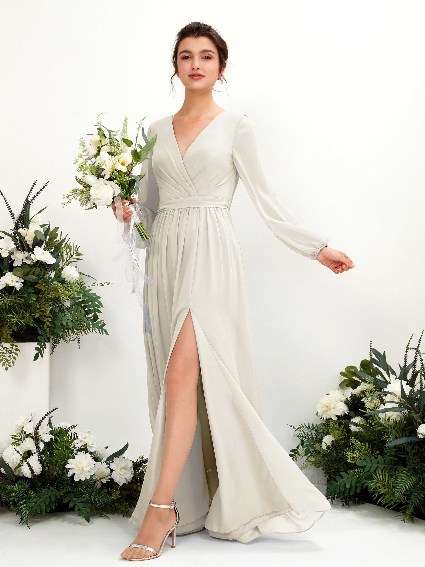 V-neck Long Sleeves Chiffon Bridesmaid Dress - Ivory (81223826)#color_ivory