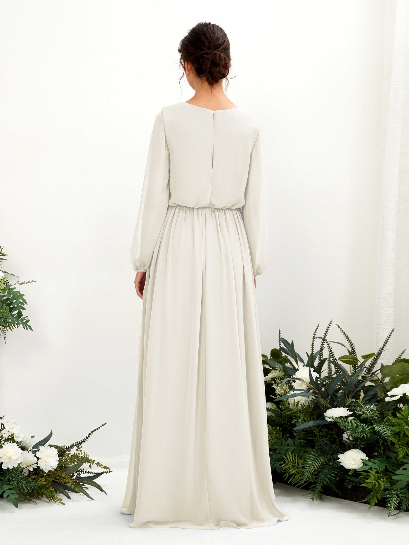 V-neck Long Sleeves Chiffon Bridesmaid Dress - Ivory (81223826)#color_ivory