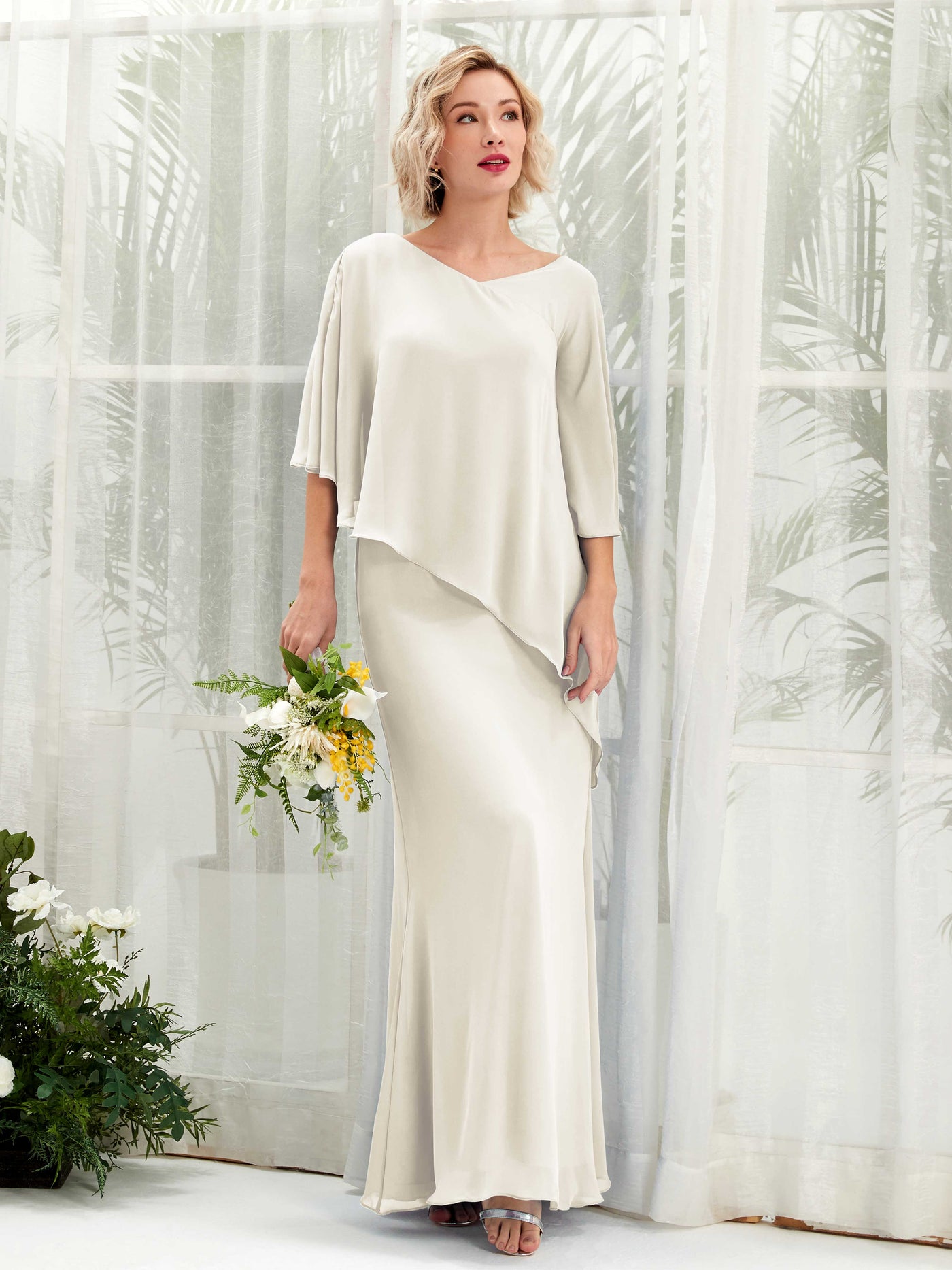 V-neck 3/4 Sleeves Chiffon Bridesmaid Dress - Ivory (81222526)#color_ivory