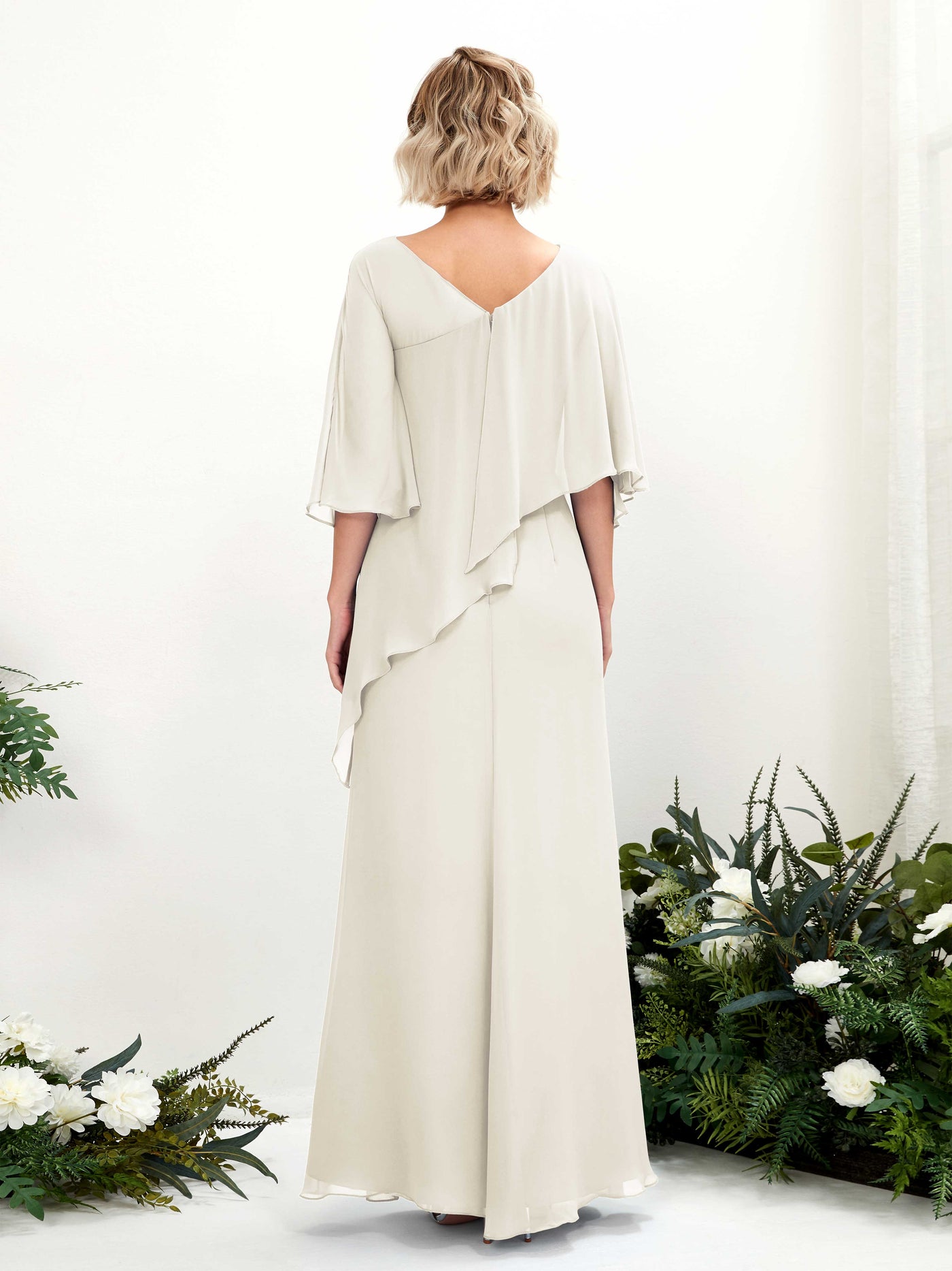 V-neck 3/4 Sleeves Chiffon Bridesmaid Dress - Ivory (81222526)#color_ivory