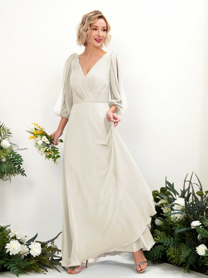 V-neck 3/4 Sleeves Chiffon Bridesmaid Dress - Ivory (81223526)