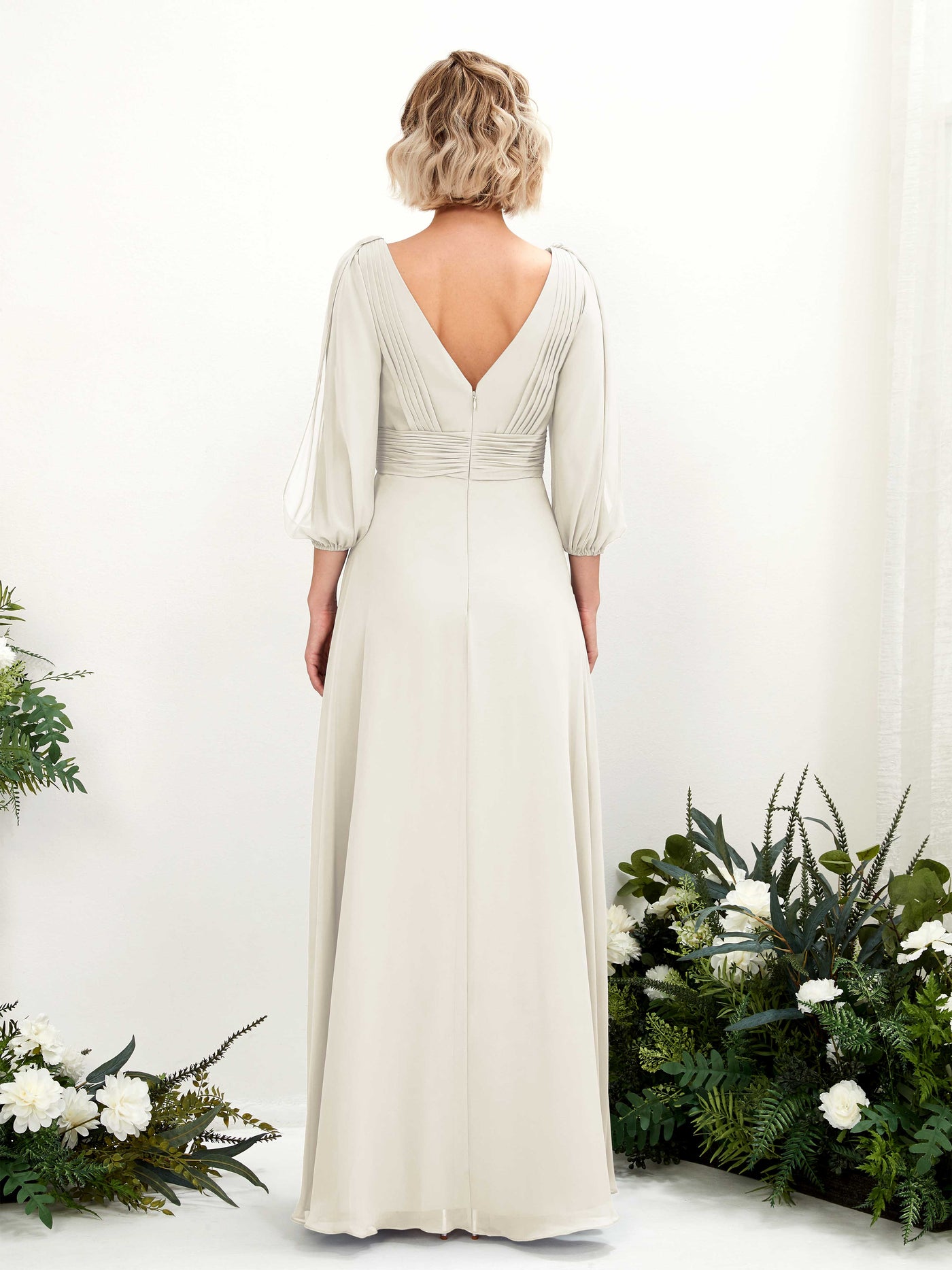 V-neck 3/4 Sleeves Chiffon Bridesmaid Dress - Ivory (81223526)#color_ivory